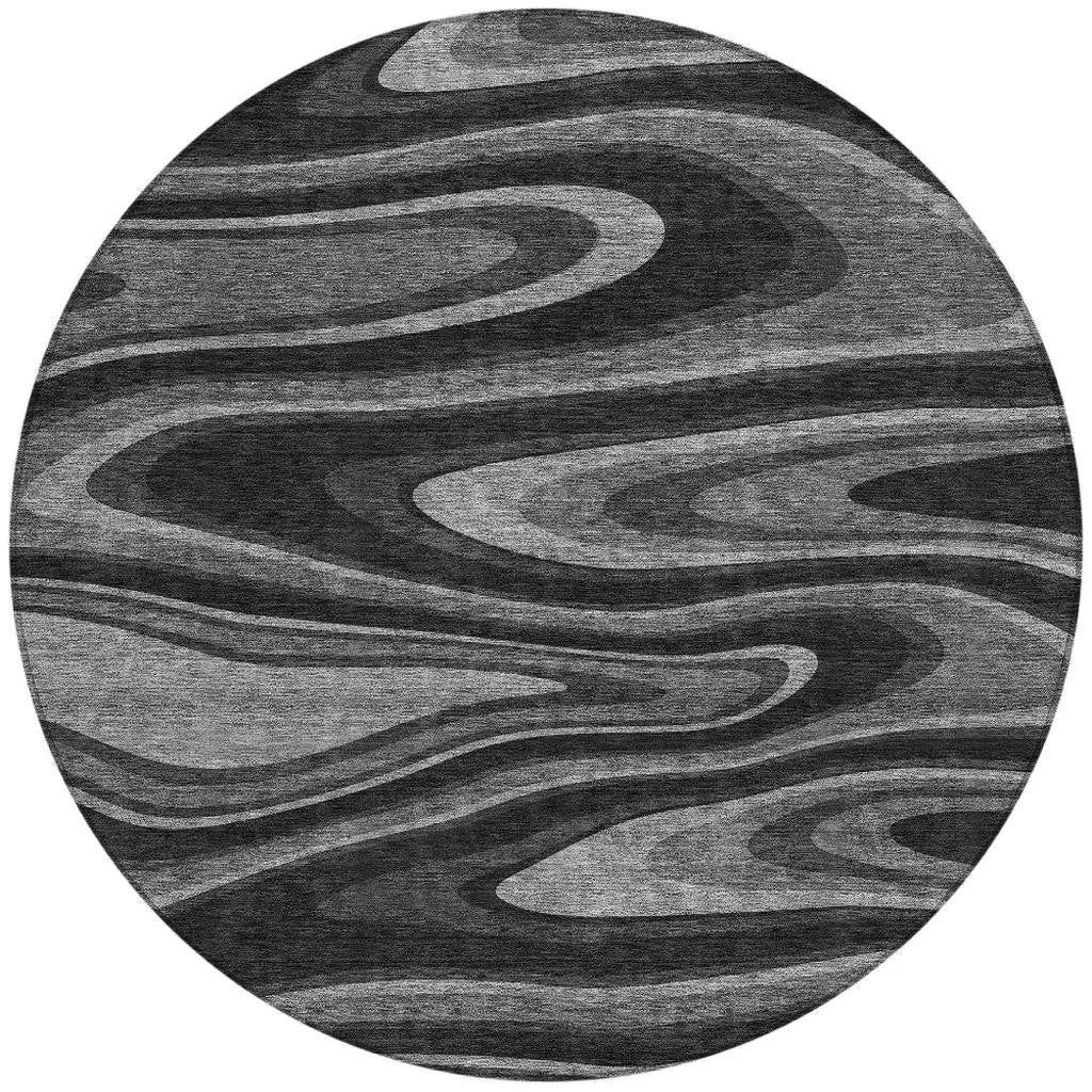 8' Black And Charcoal Round Abstract Washable Indoor Outdoor Area Rug Homeroots Outdoor