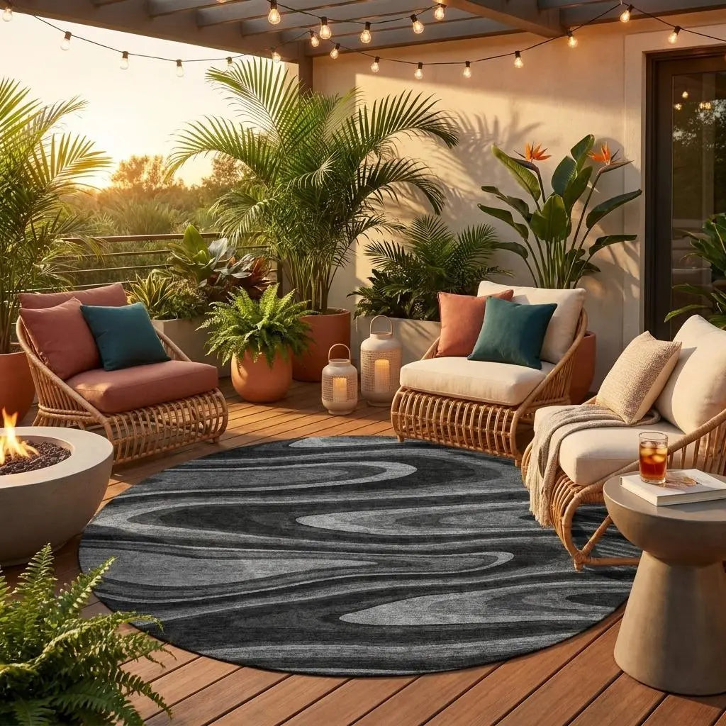 8' Black And Charcoal Round Abstract Washable Indoor Outdoor Area Rug Homeroots Outdoor