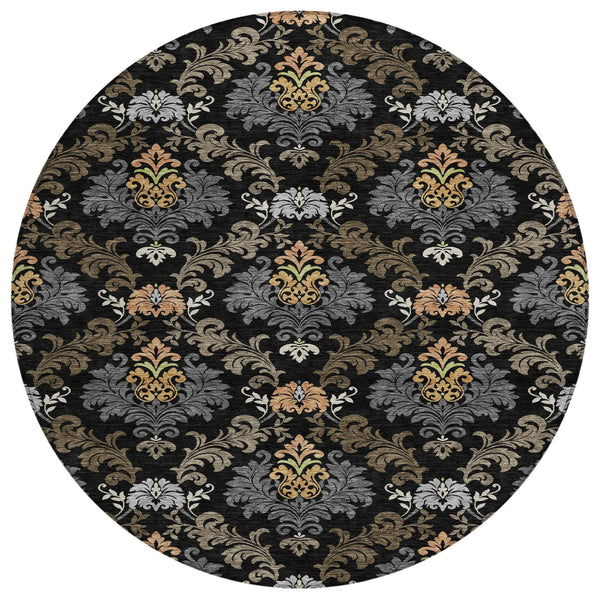 8' Black And Charcoal Round Damask Washable Indoor Outdoor Area Rug Homeroots Outdoor