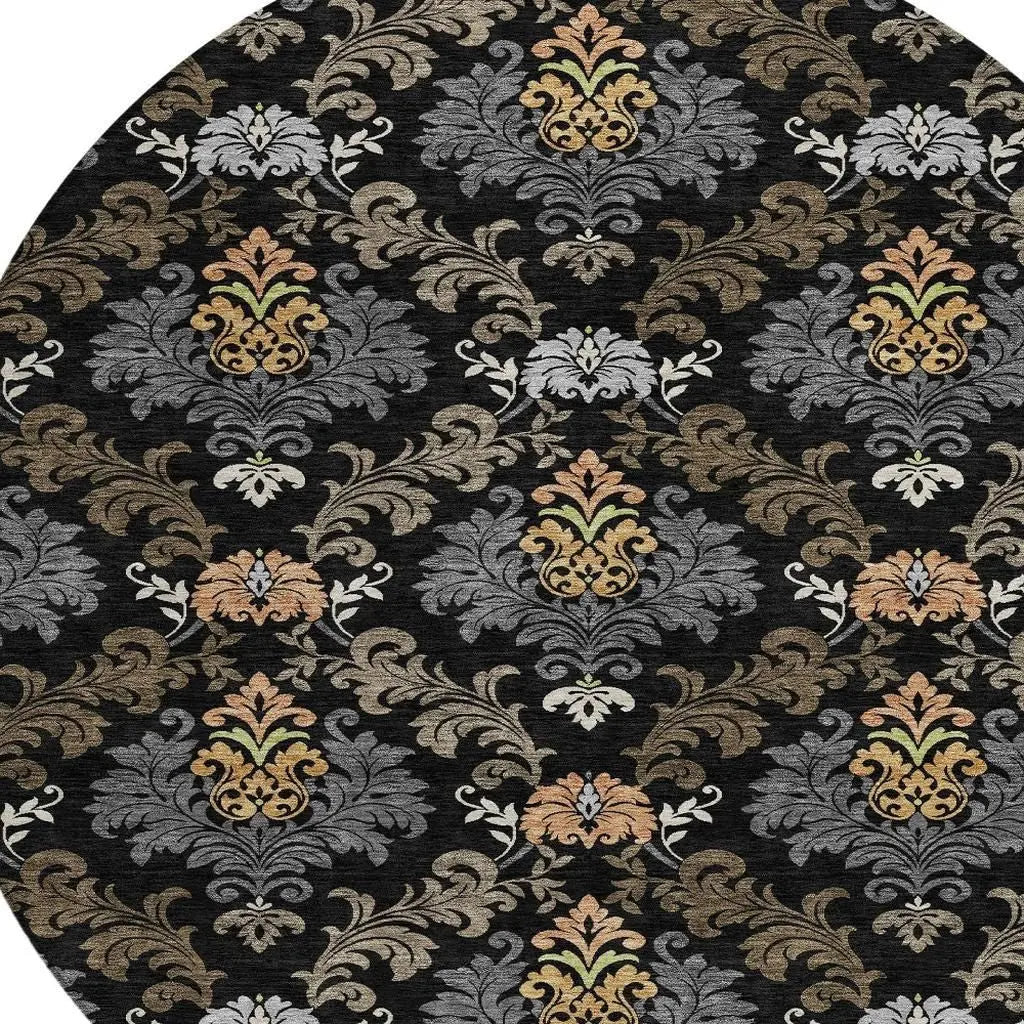 8' Black And Charcoal Round Damask Washable Indoor Outdoor Area Rug Homeroots Outdoor