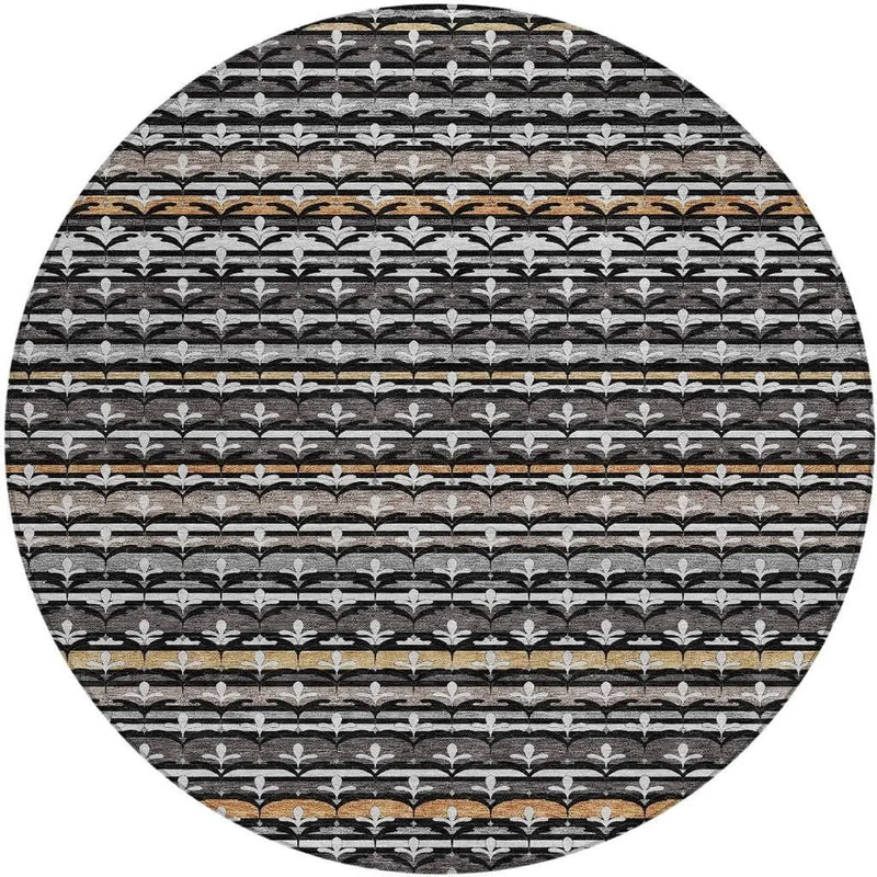 8' Black And Charcoal Round Damask Washable Indoor Outdoor Area Rug Homeroots Outdoor