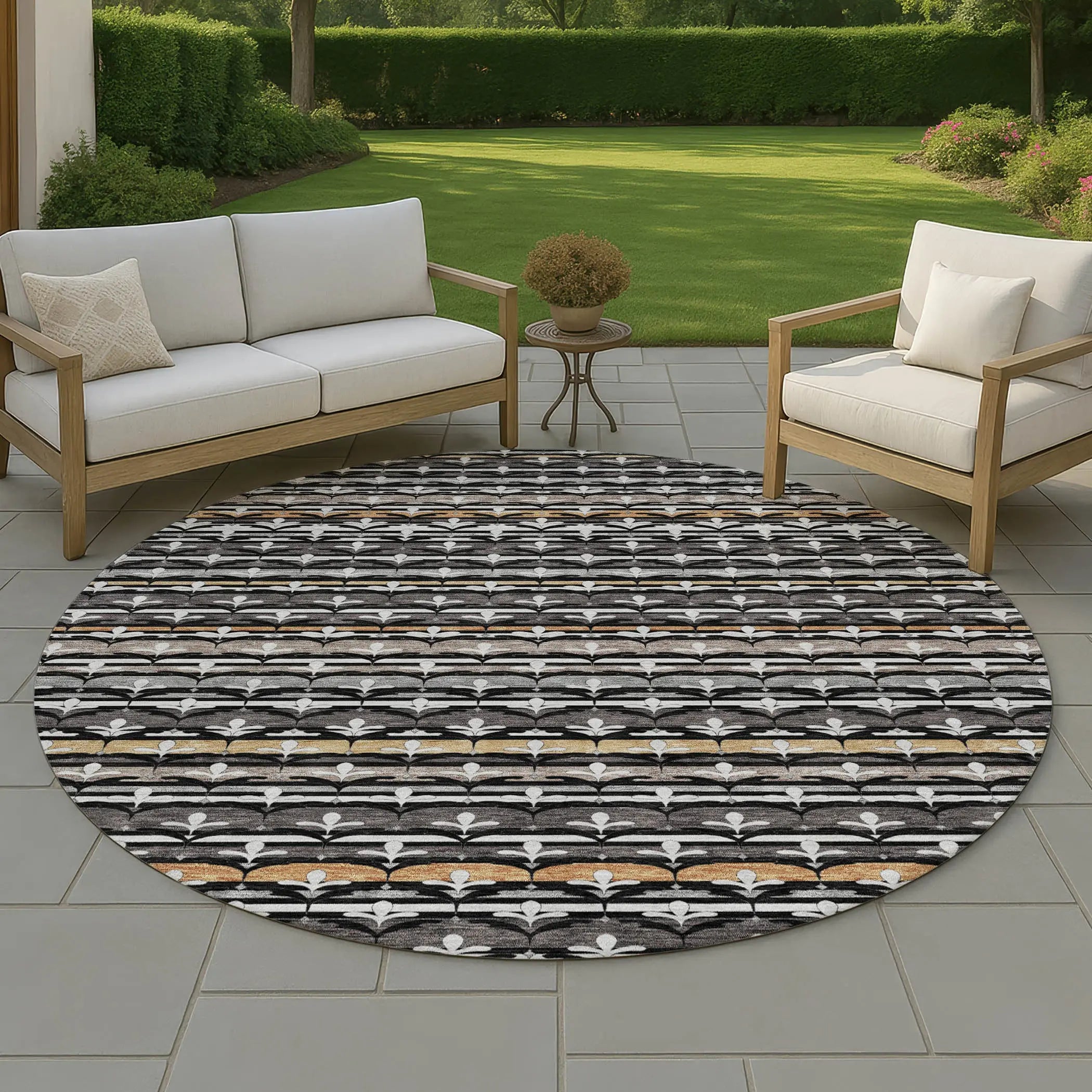 8' Black And Charcoal Round Damask Washable Indoor Outdoor Area Rug Homeroots Outdoor
