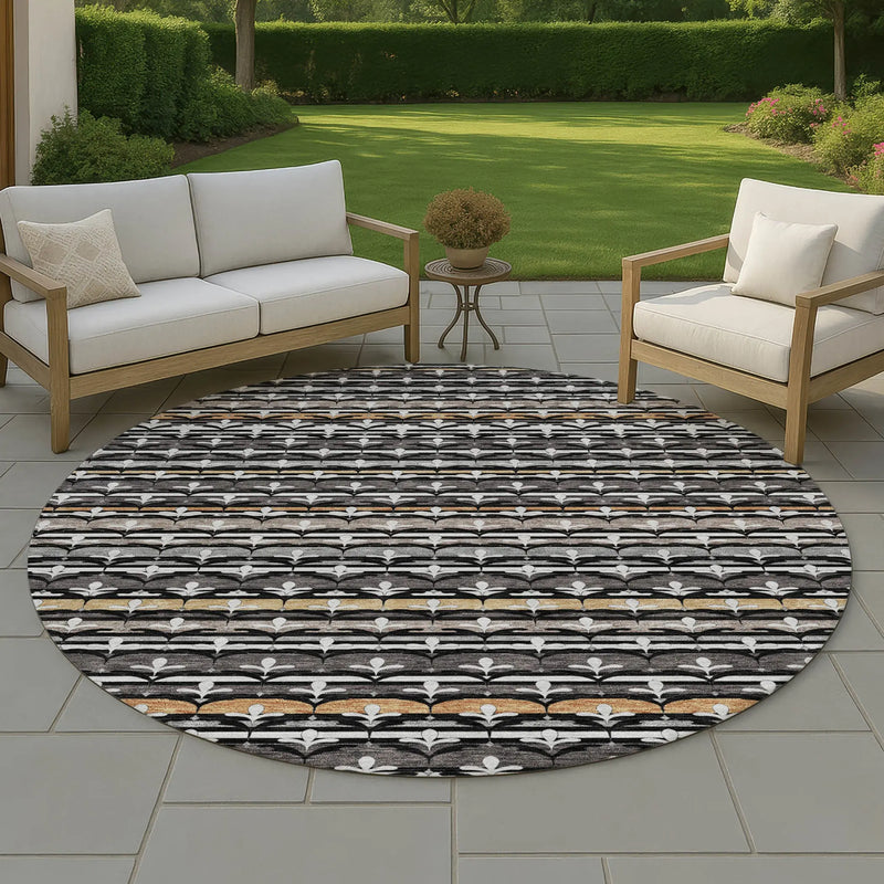 8' Black And Charcoal Round Damask Washable Indoor Outdoor Area Rug Homeroots Outdoor