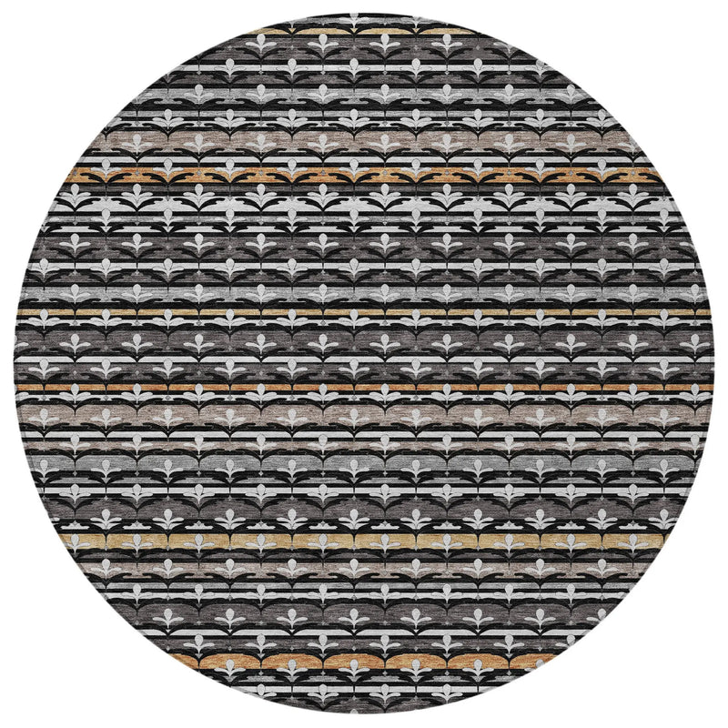 8' Black And Charcoal Round Damask Washable Indoor Outdoor Area Rug Homeroots Outdoor