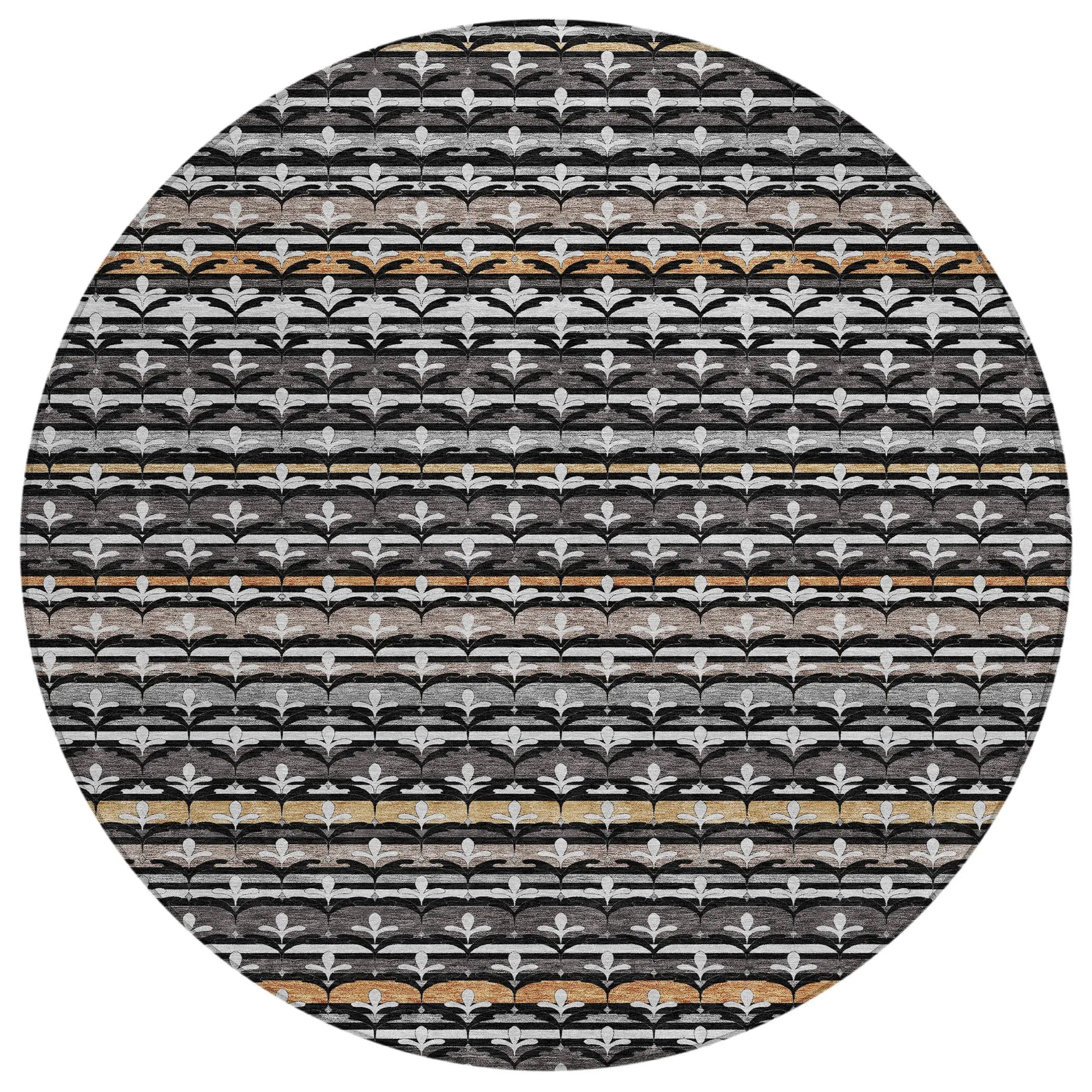 8' Black And Charcoal Round Damask Washable Indoor Outdoor Area Rug Homeroots Outdoor