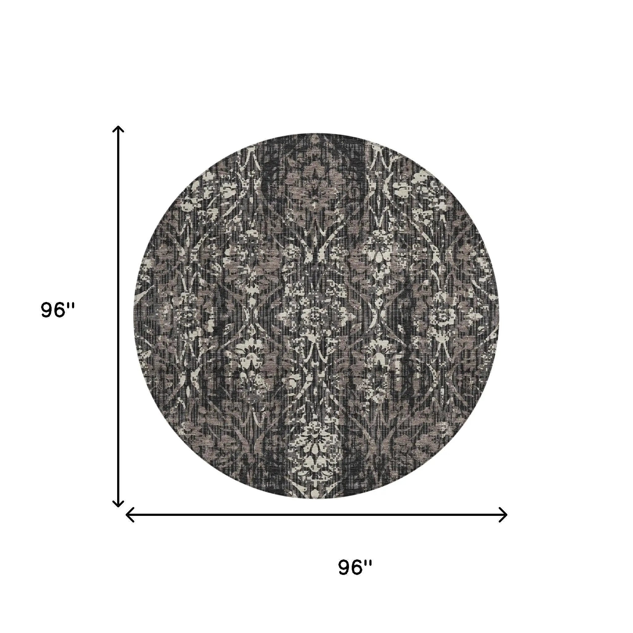 8' Black And Charcoal Round Damask Washable Indoor Outdoor Area Rug Homeroots Outdoor