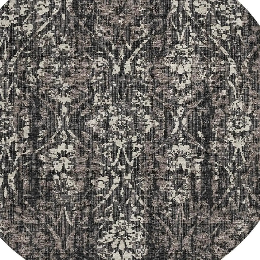 8' Black And Charcoal Round Damask Washable Indoor Outdoor Area Rug Homeroots Outdoor