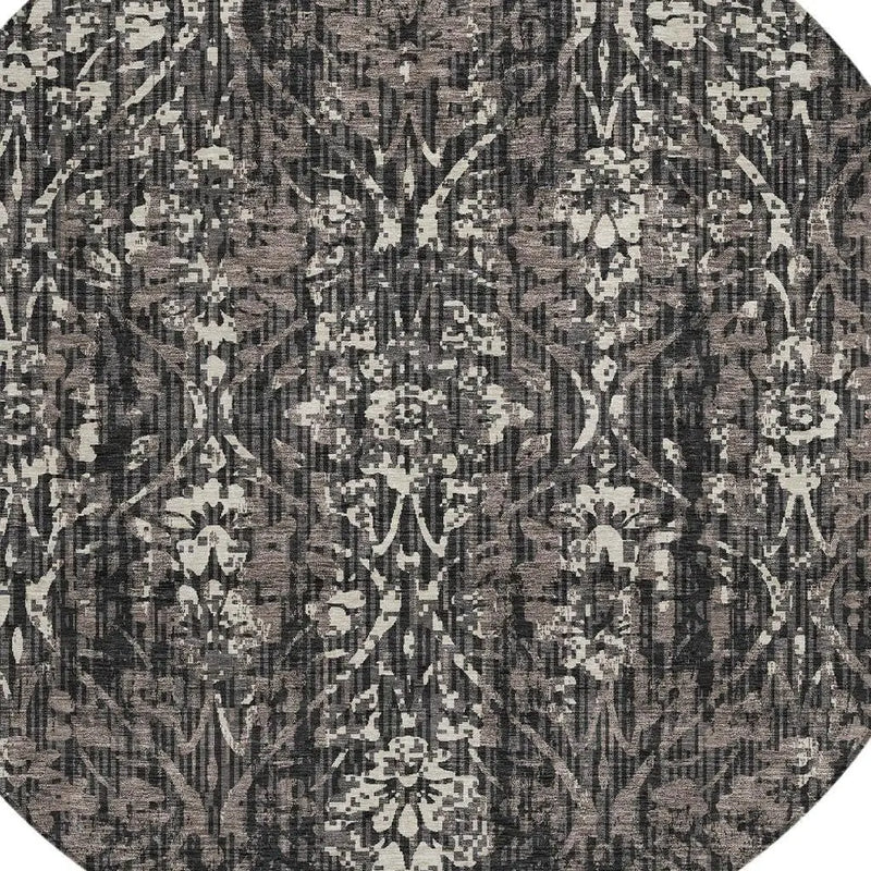 8' Black And Charcoal Round Damask Washable Indoor Outdoor Area Rug Homeroots Outdoor