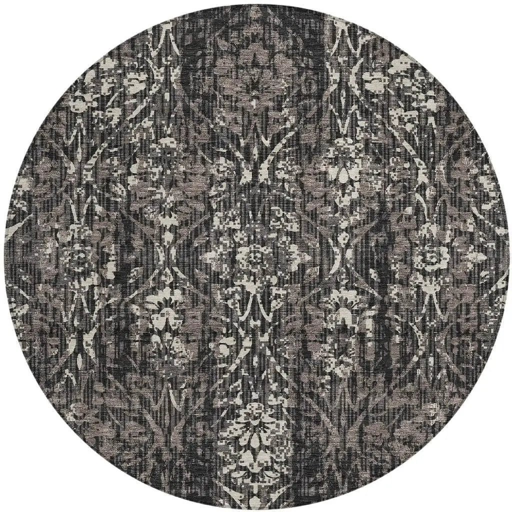 8' Black And Charcoal Round Damask Washable Indoor Outdoor Area Rug Homeroots Outdoor