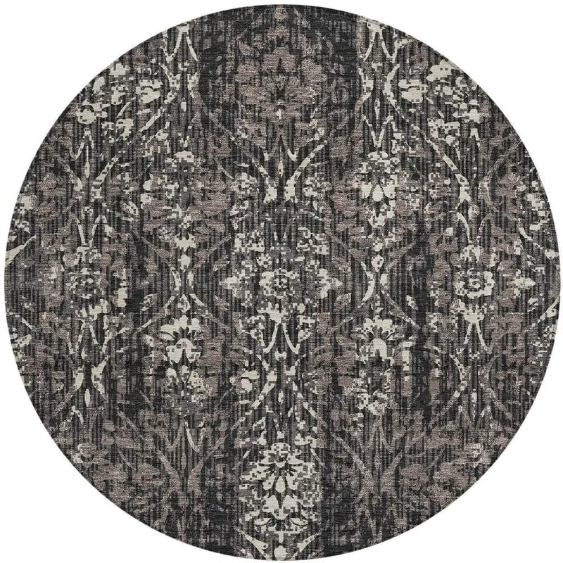 8' Black And Charcoal Round Damask Washable Indoor Outdoor Area Rug Homeroots Outdoor