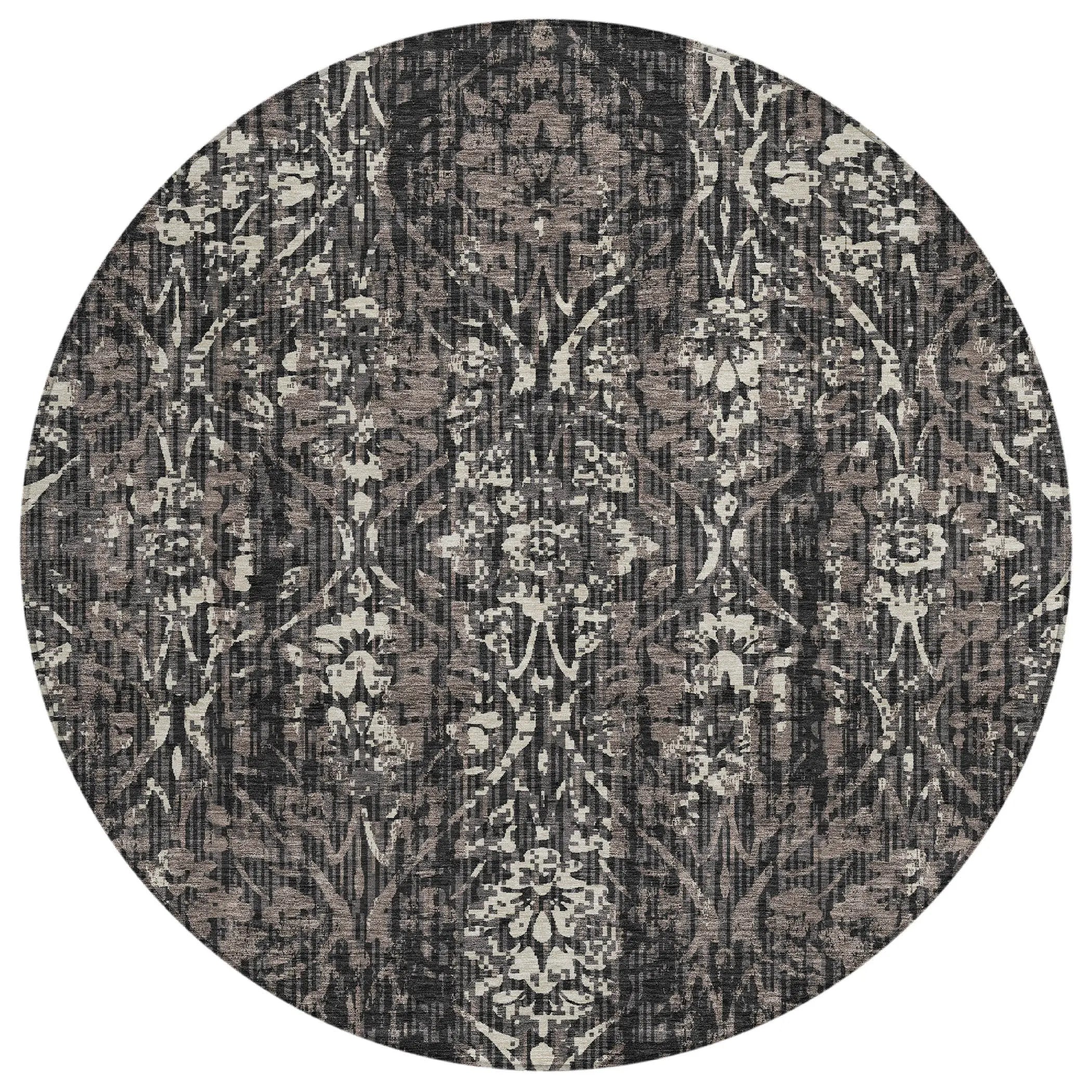 8' Black And Charcoal Round Damask Washable Indoor Outdoor Area Rug Homeroots Outdoor