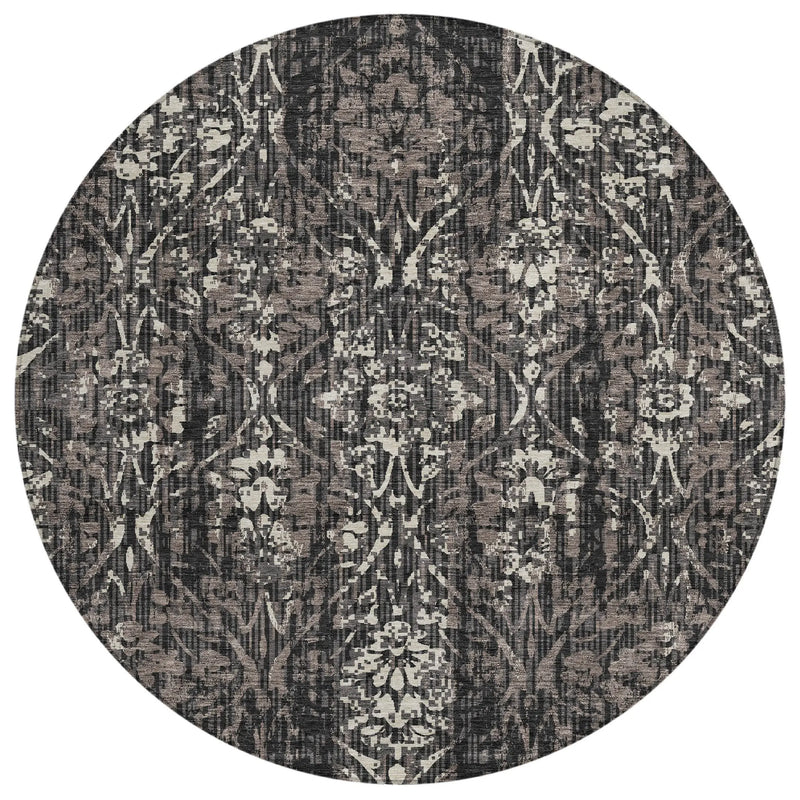 8' Black And Charcoal Round Damask Washable Indoor Outdoor Area Rug Homeroots Outdoor