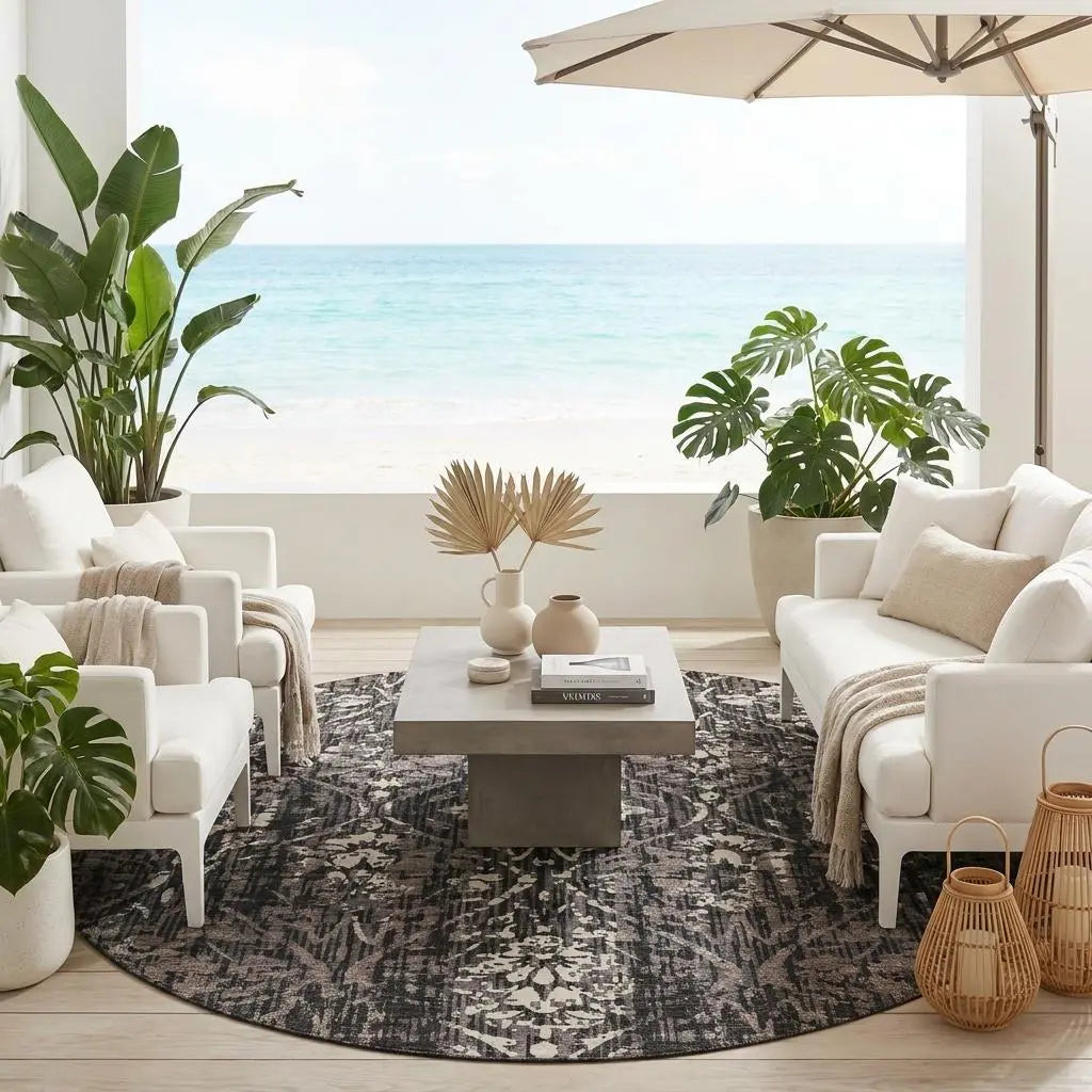8' Black And Charcoal Round Damask Washable Indoor Outdoor Area Rug Homeroots Outdoor