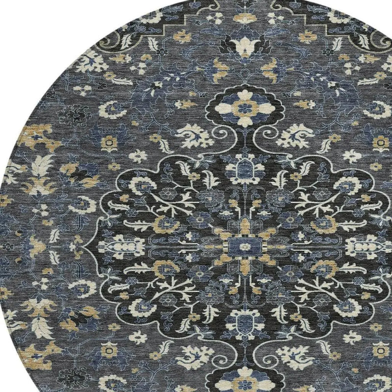 8' Black And Charcoal Round Floral Medallion Washable Indoor Outdoor Area Rug Homeroots Outdoor