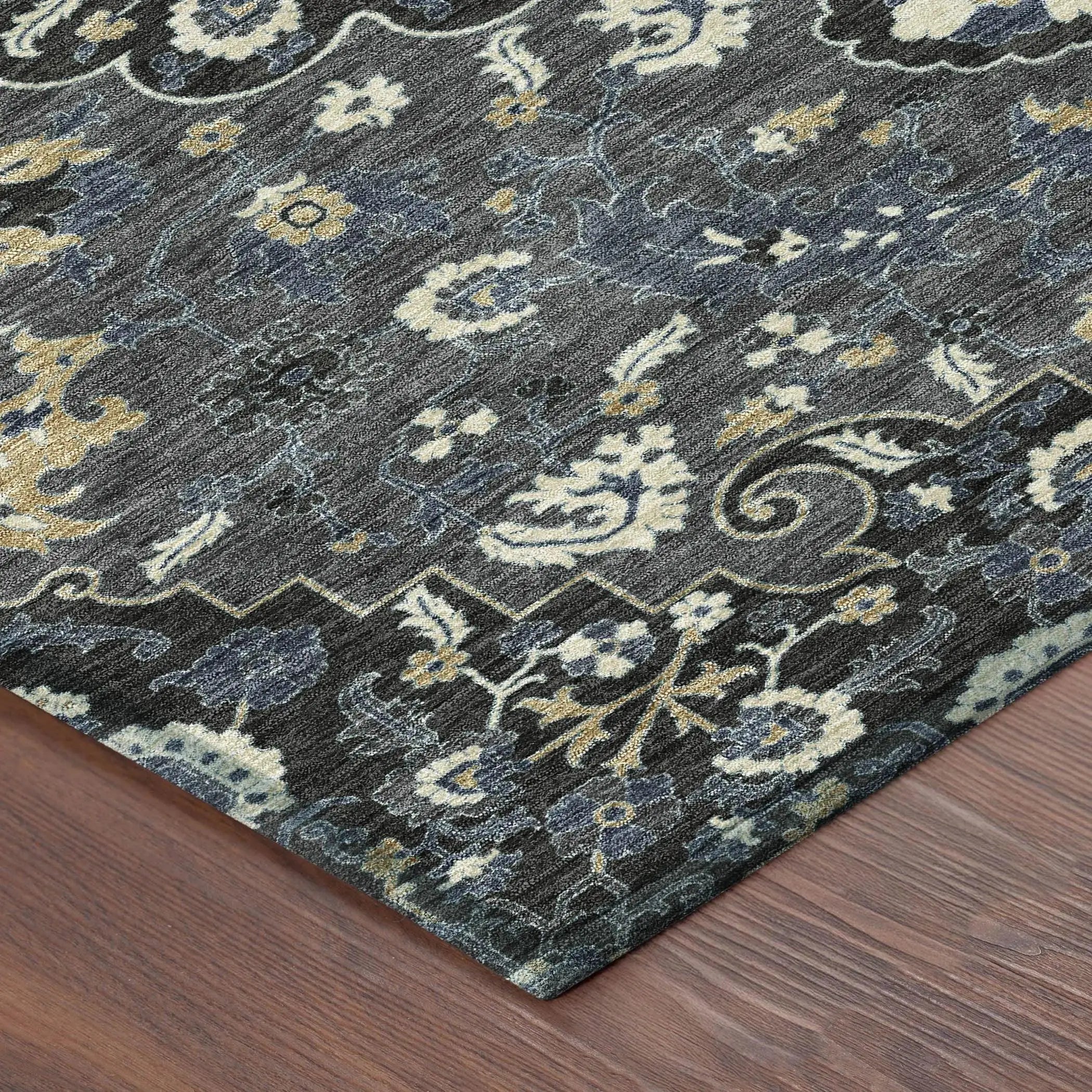 8' Black And Charcoal Round Floral Medallion Washable Indoor Outdoor Area Rug Homeroots Outdoor