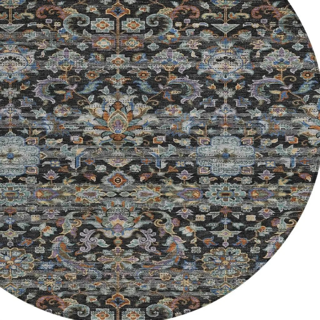 8' Black And Charcoal Round Floral Medallion Washable Indoor Outdoor Area Rug Homeroots Outdoor