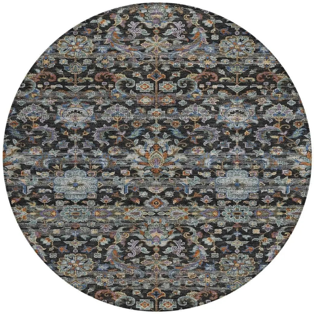 8' Black And Charcoal Round Floral Medallion Washable Indoor Outdoor Area Rug Homeroots Outdoor
