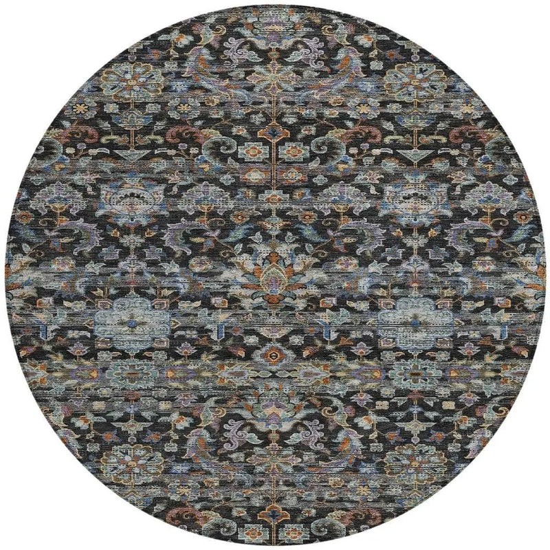 8' Black And Charcoal Round Floral Medallion Washable Indoor Outdoor Area Rug Homeroots Outdoor