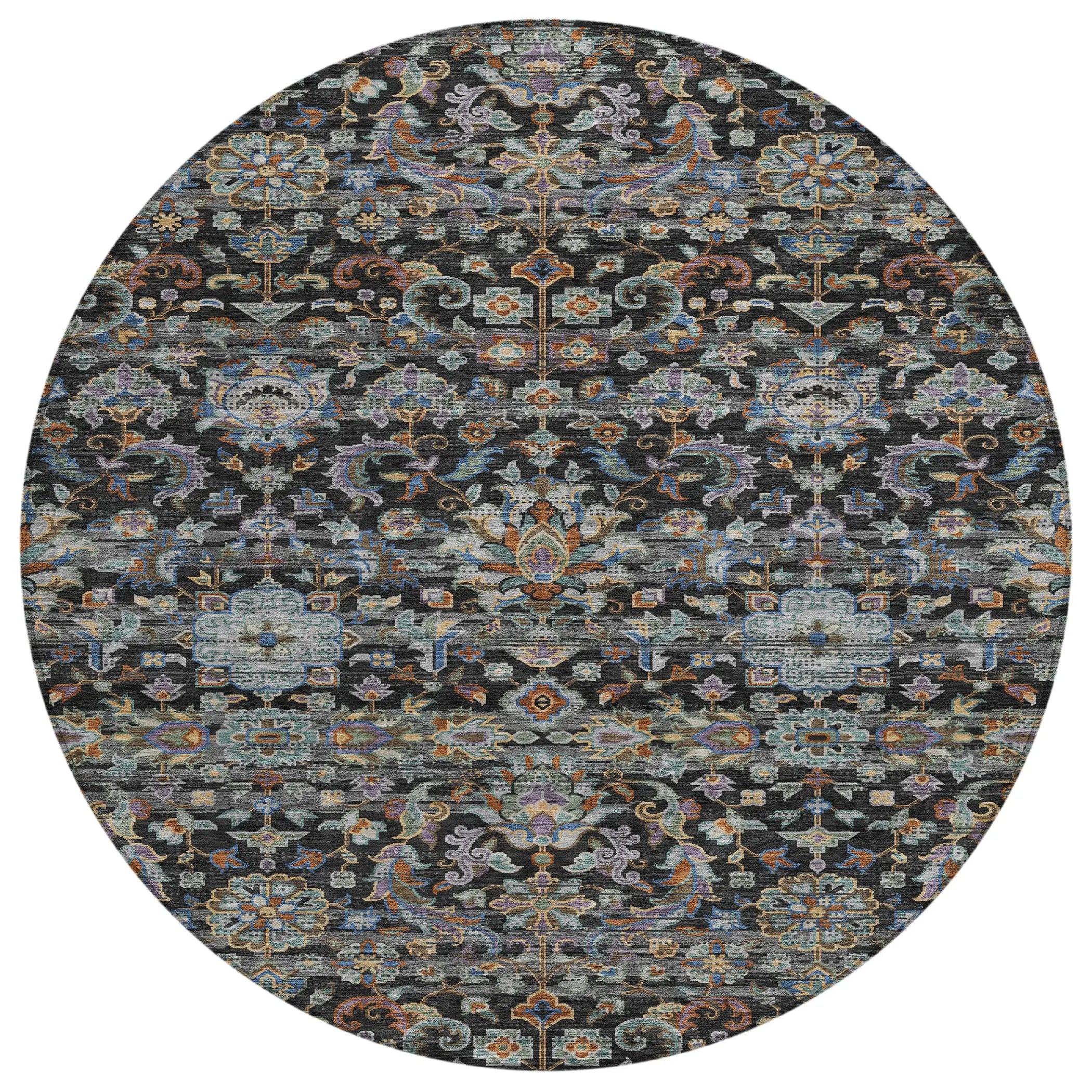 8' Black And Charcoal Round Floral Medallion Washable Indoor Outdoor Area Rug Homeroots Outdoor