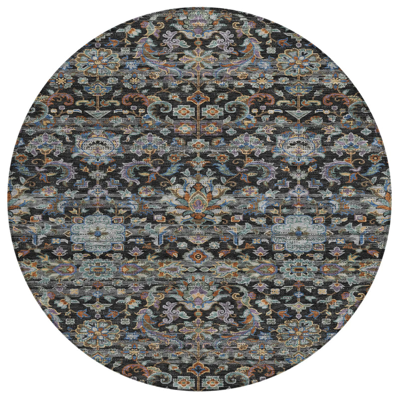 8' Black And Charcoal Round Floral Medallion Washable Indoor Outdoor Area Rug Homeroots Outdoor