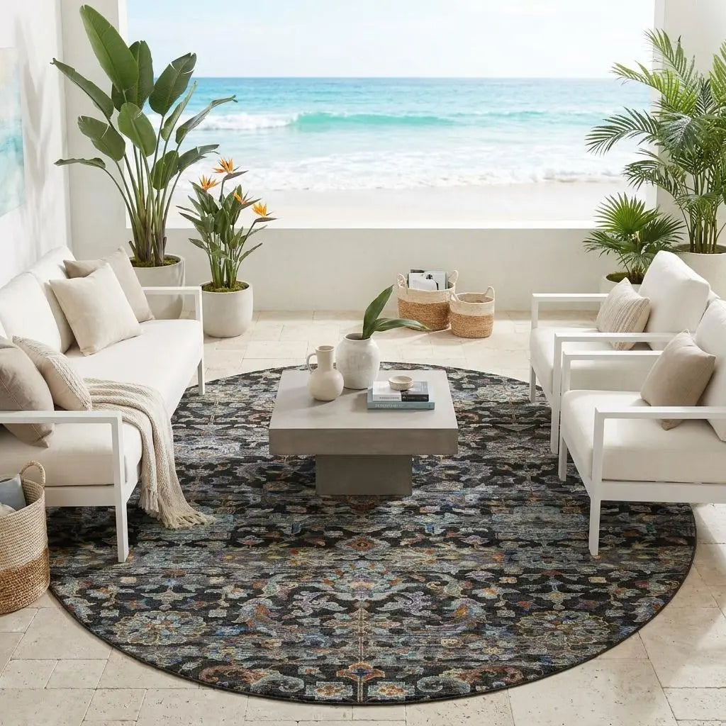 8' Black And Charcoal Round Floral Medallion Washable Indoor Outdoor Area Rug Homeroots Outdoor