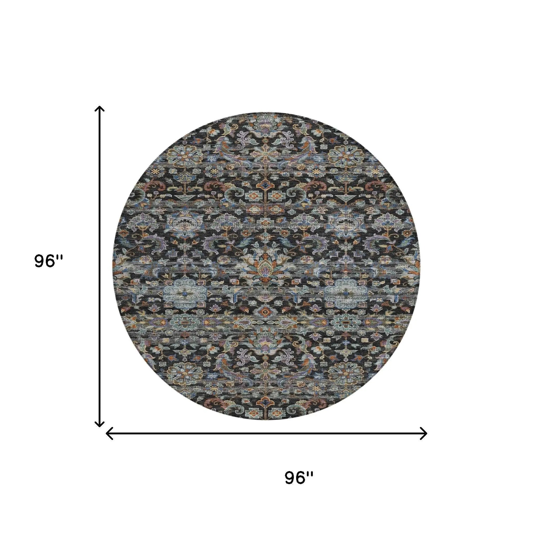 8' Black And Charcoal Round Floral Medallion Washable Indoor Outdoor Area Rug Homeroots Outdoor
