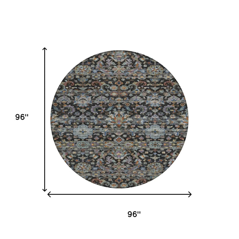 8' Black And Charcoal Round Floral Medallion Washable Indoor Outdoor Area Rug Homeroots Outdoor