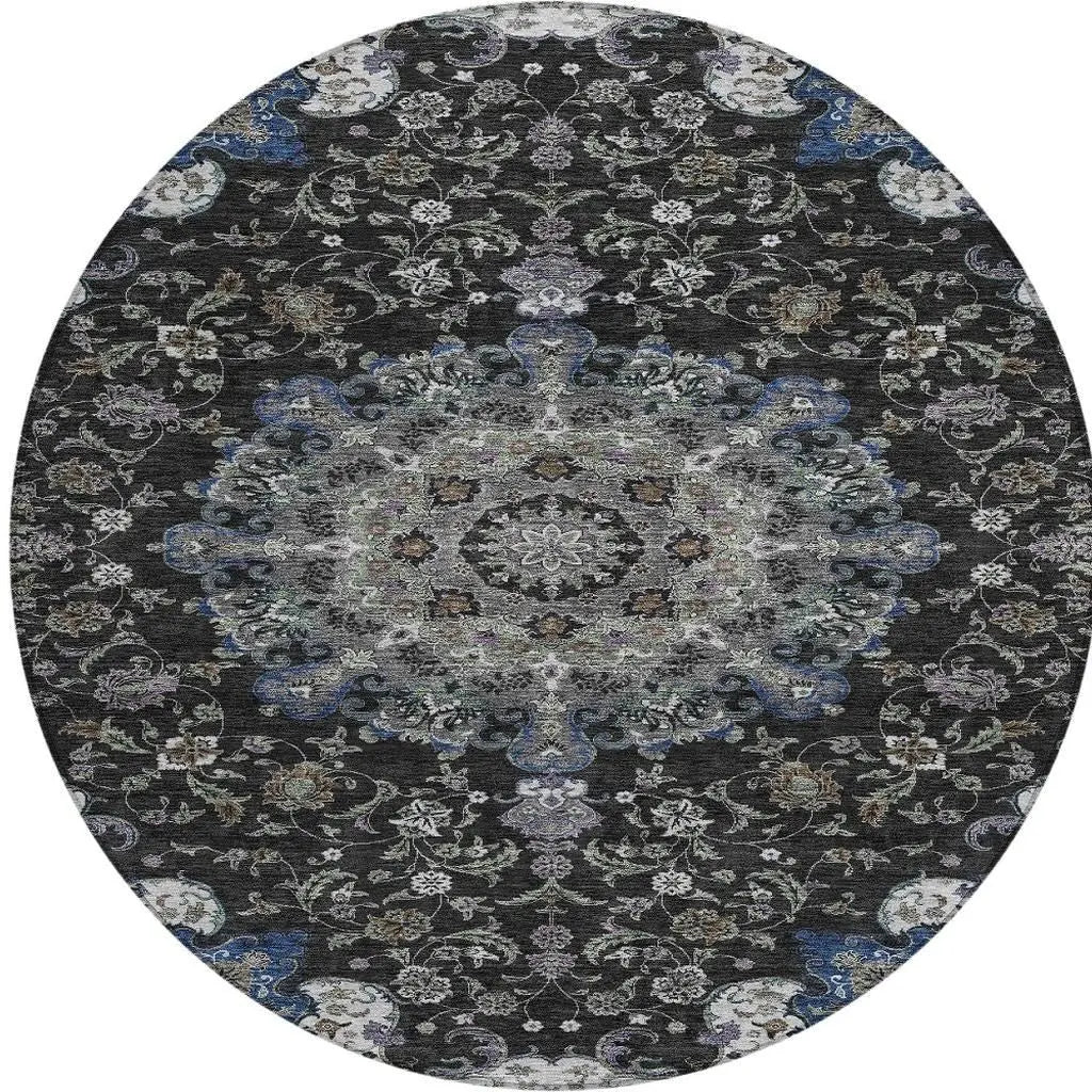 8' Black And Charcoal Round Floral Medallion Washable Indoor Outdoor Area Rug Homeroots Outdoor