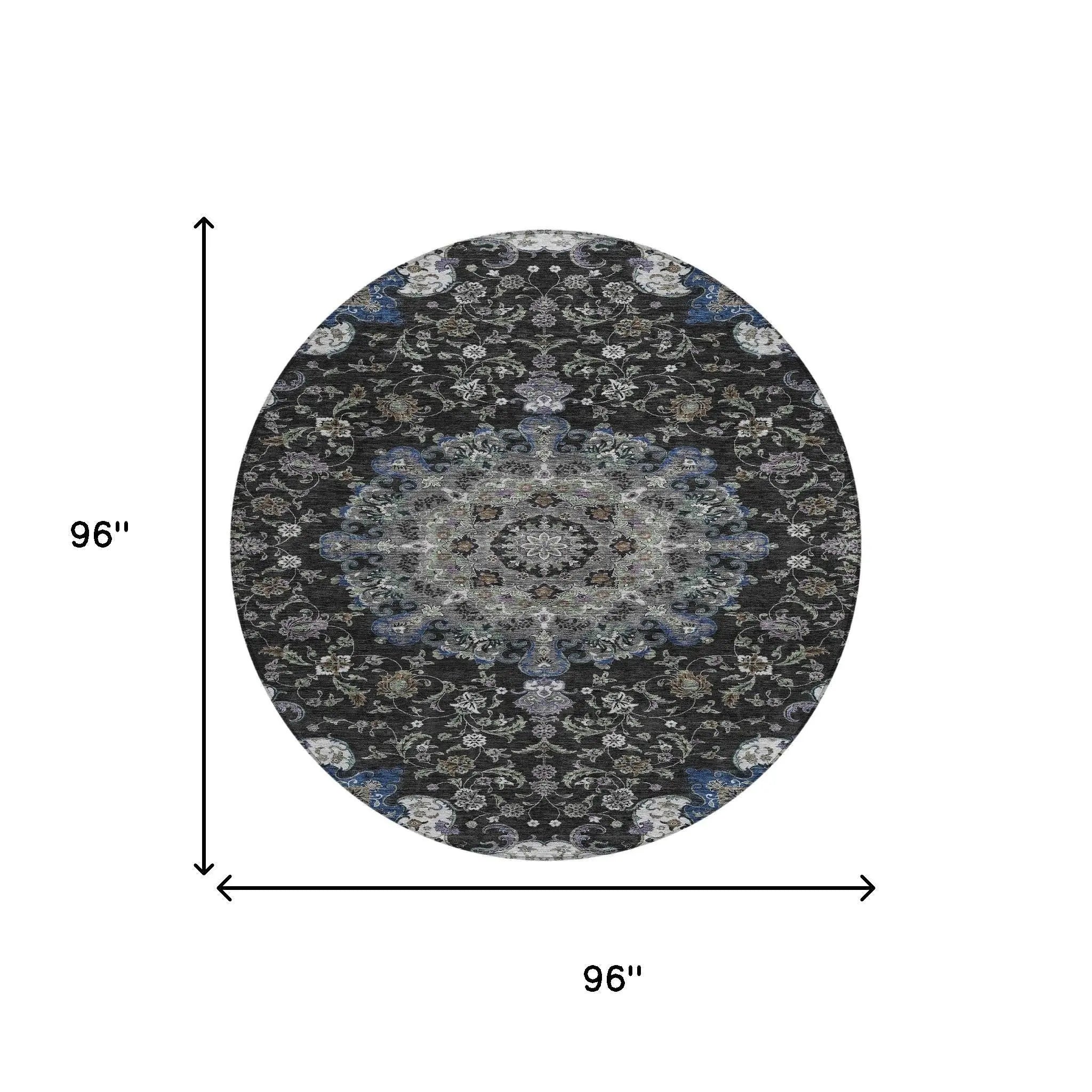 8' Black And Charcoal Round Floral Medallion Washable Indoor Outdoor Area Rug Homeroots Outdoor