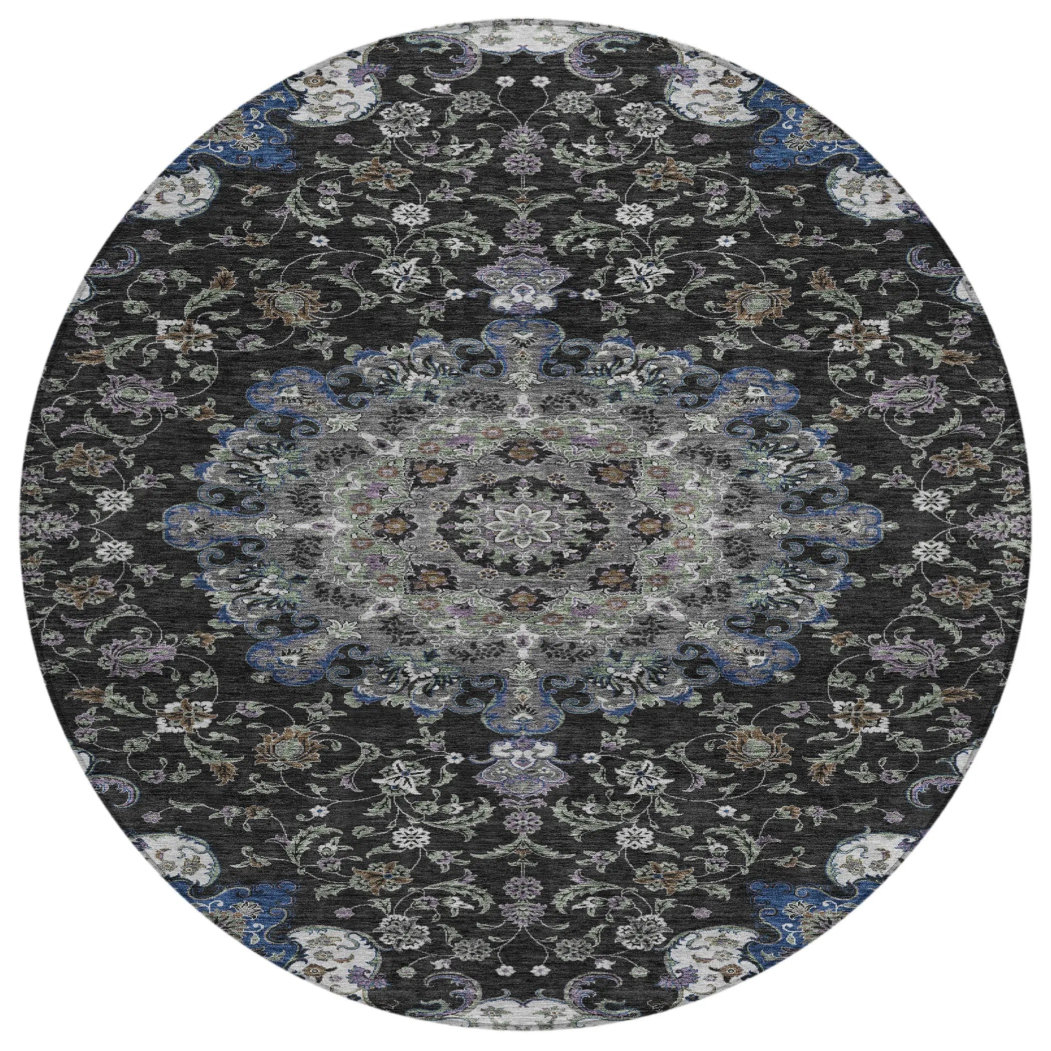 8' Black And Charcoal Round Floral Medallion Washable Indoor Outdoor Area Rug Homeroots Outdoor