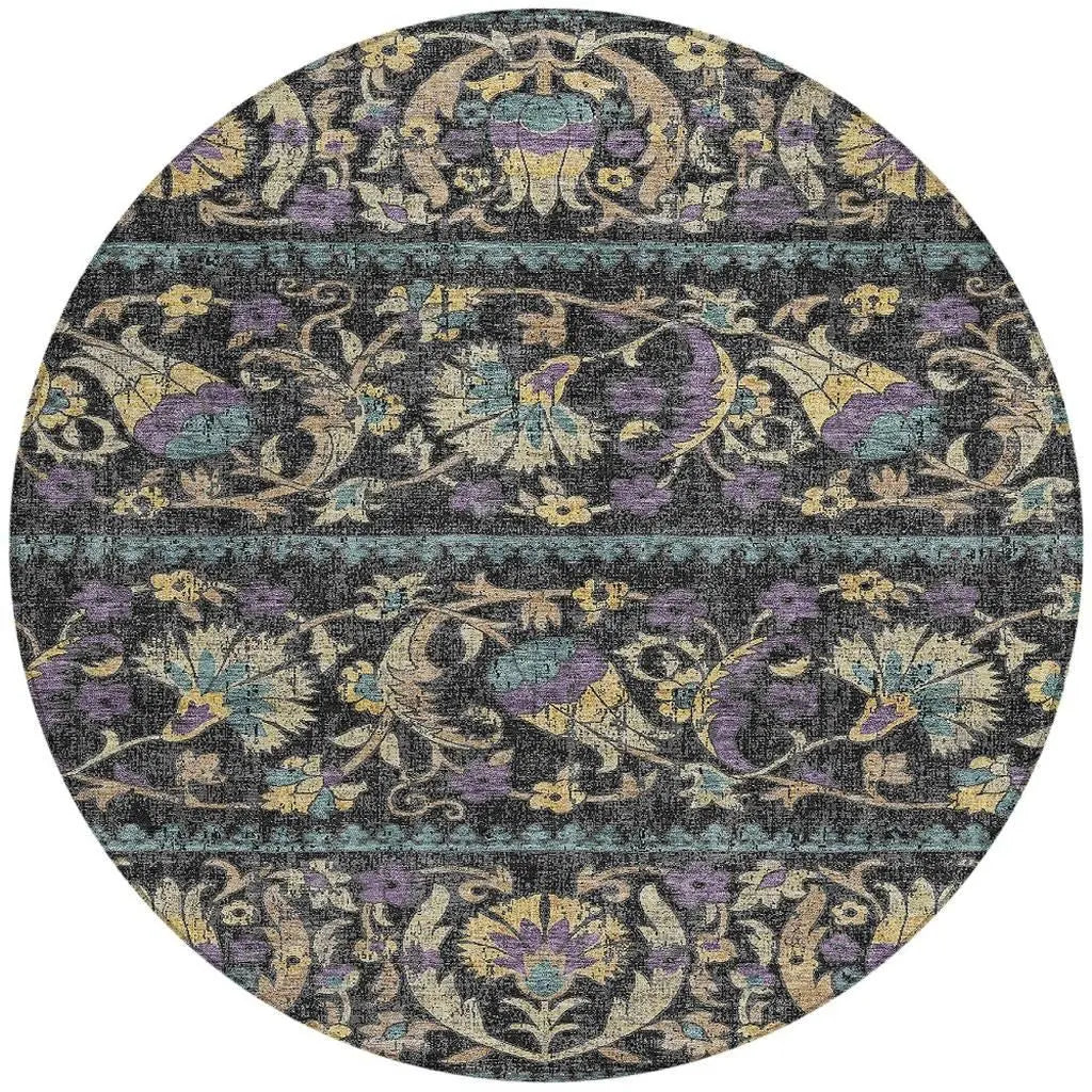8' Black And Charcoal Round Floral Washable Indoor Outdoor Area Rug Homeroots Outdoor