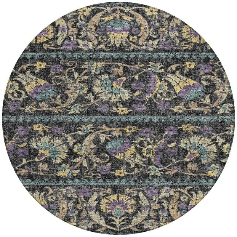 8' Black And Charcoal Round Floral Washable Indoor Outdoor Area Rug Homeroots Outdoor