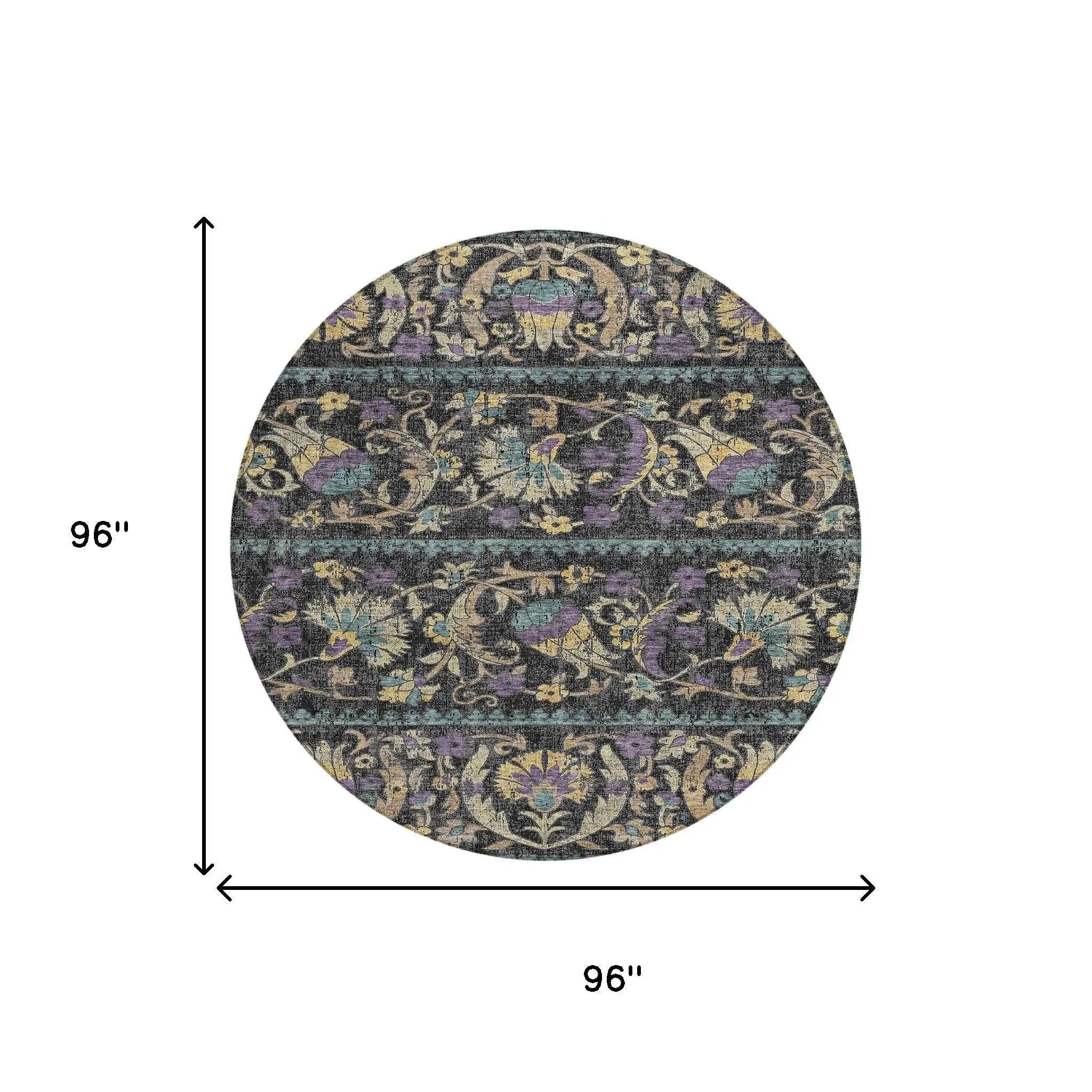 8' Black And Charcoal Round Floral Washable Indoor Outdoor Area Rug Homeroots Outdoor
