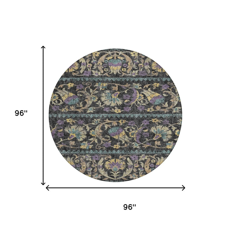 8' Black And Charcoal Round Floral Washable Indoor Outdoor Area Rug Homeroots Outdoor