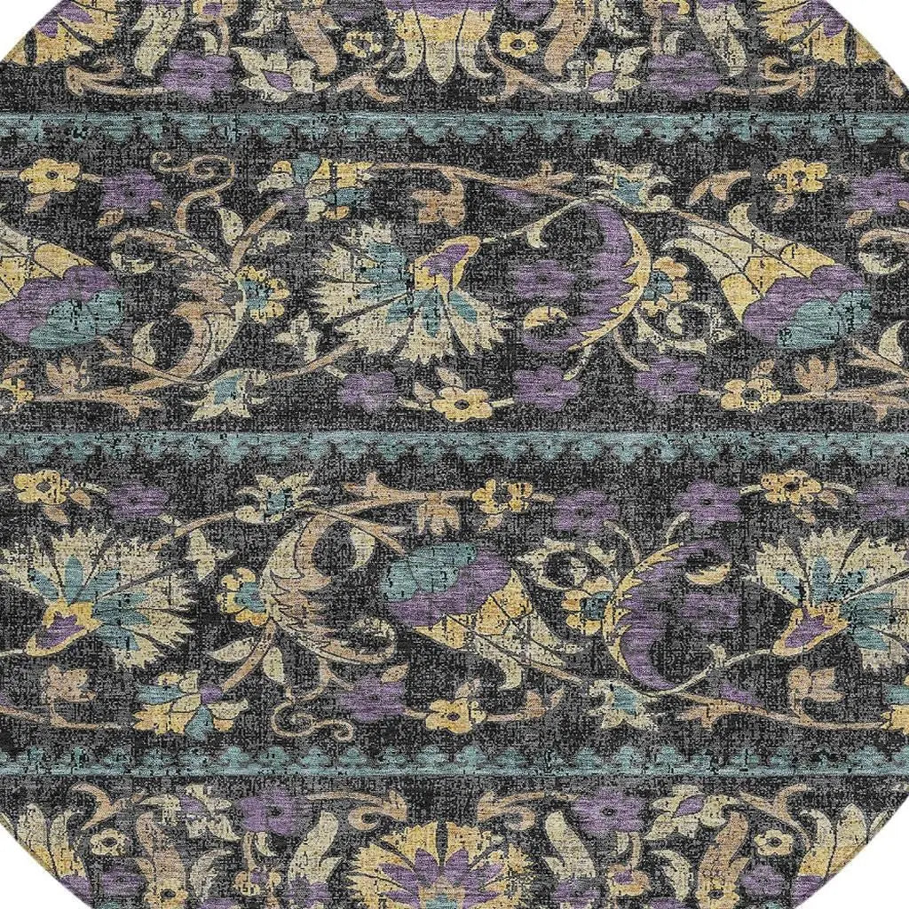 8' Black And Charcoal Round Floral Washable Indoor Outdoor Area Rug Homeroots Outdoor