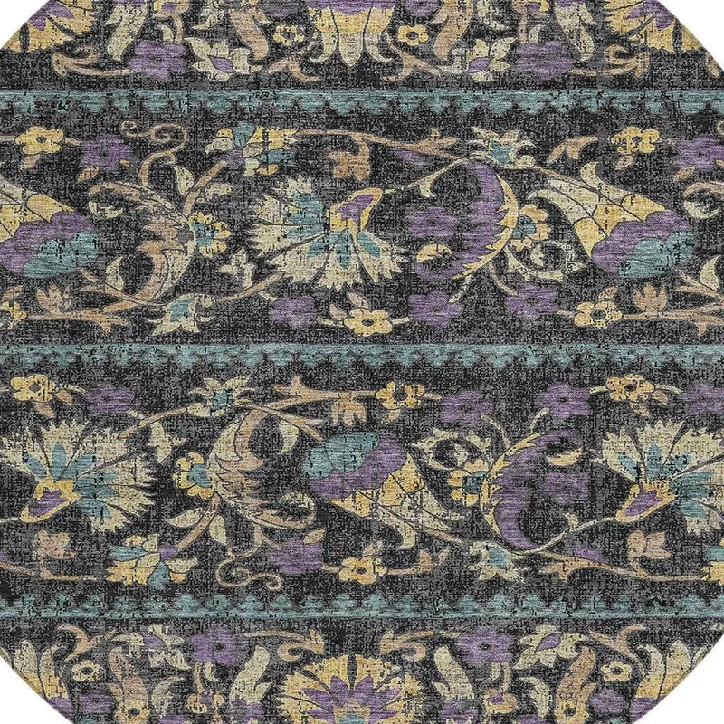 8' Black And Charcoal Round Floral Washable Indoor Outdoor Area Rug Homeroots Outdoor