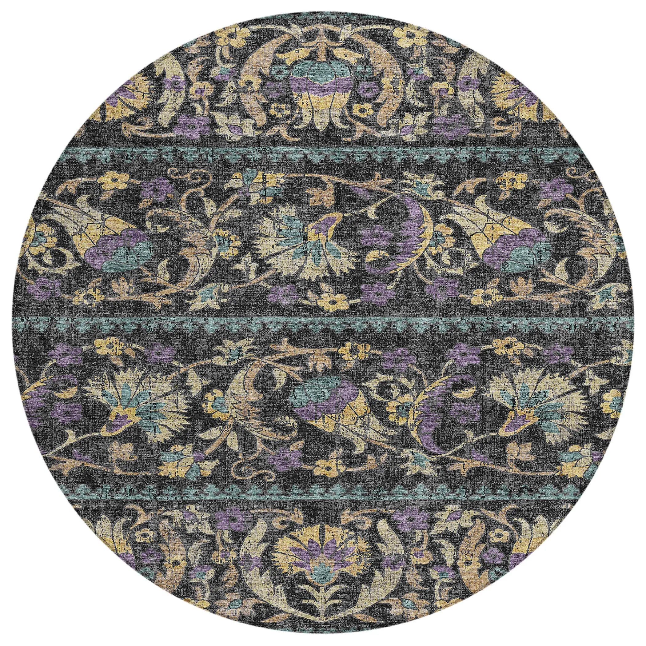 8' Black And Charcoal Round Floral Washable Indoor Outdoor Area Rug Homeroots Outdoor