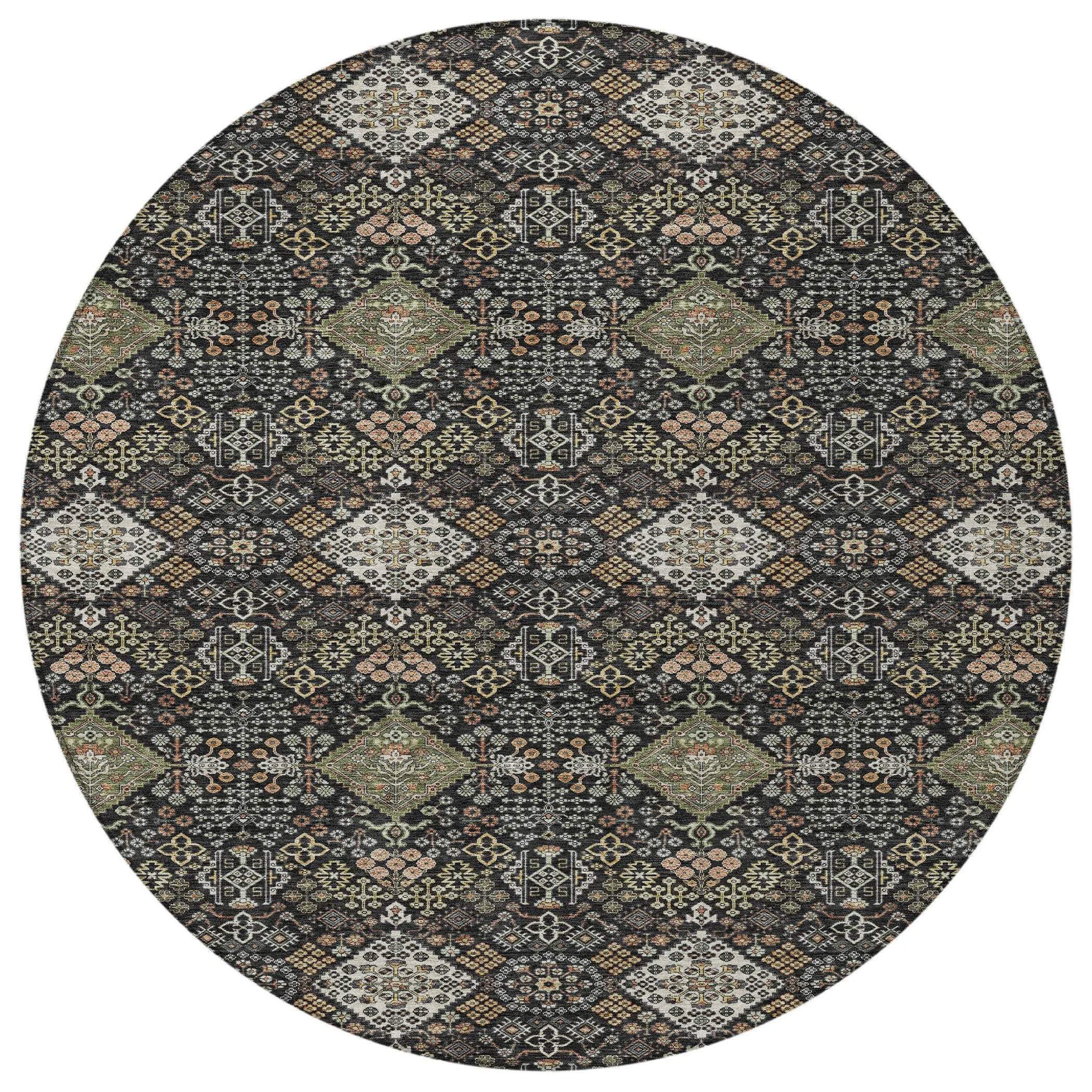 8' Black And Charcoal Round Geometric Washable Indoor Outdoor Area Rug Homeroots Outdoor