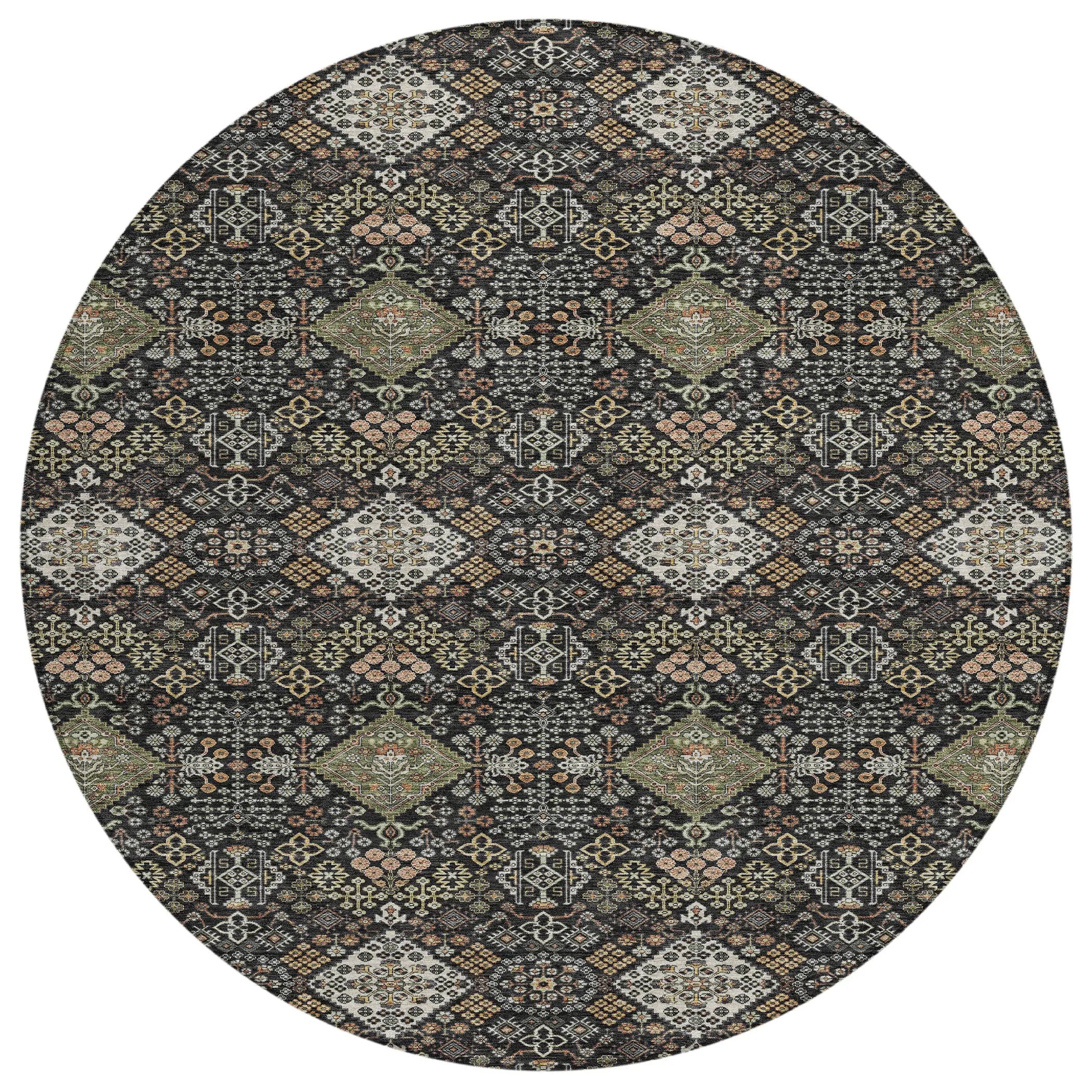 8' Black And Charcoal Round Geometric Washable Indoor Outdoor Area Rug Homeroots Outdoor