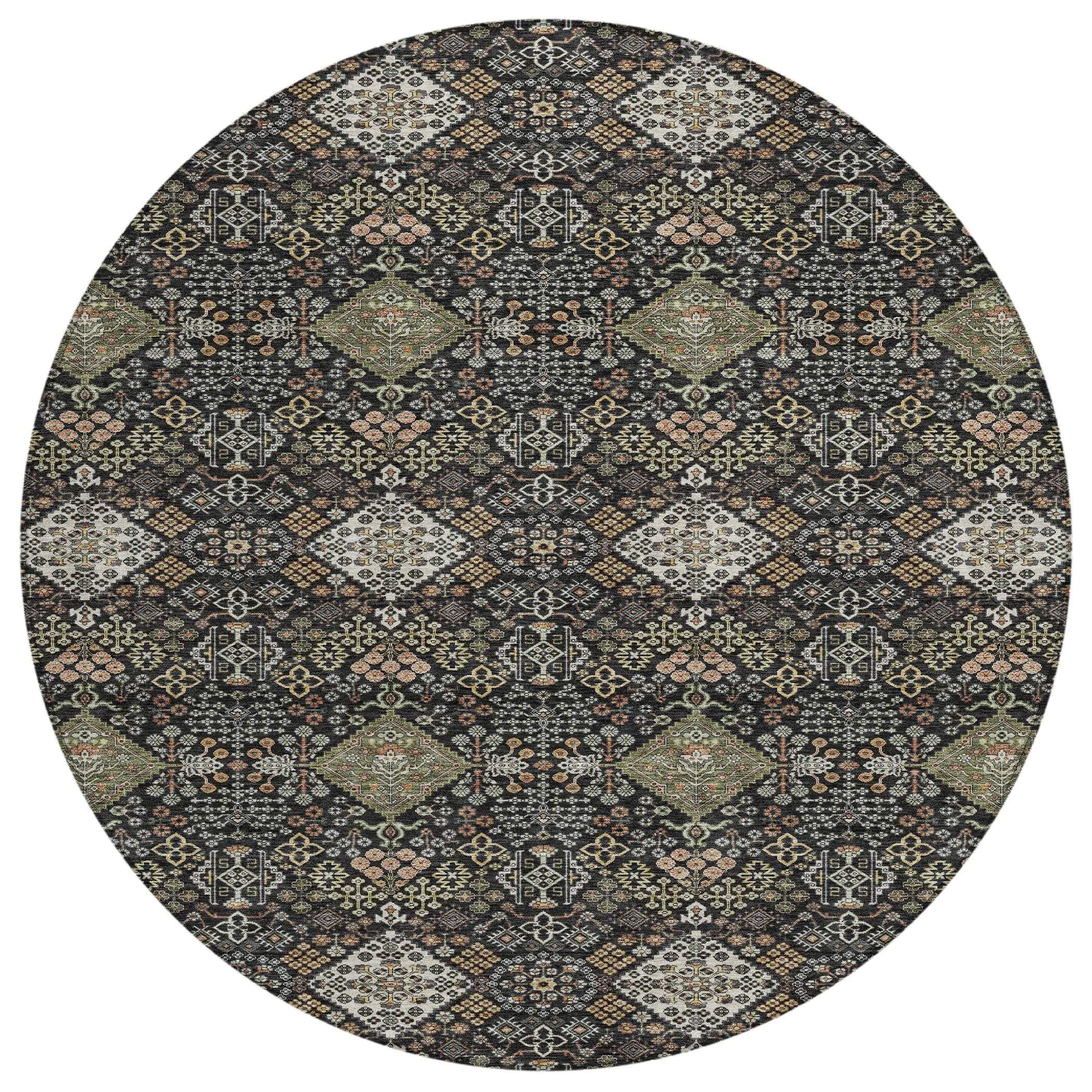 8' Black And Charcoal Round Geometric Washable Indoor Outdoor Area Rug Homeroots Outdoor