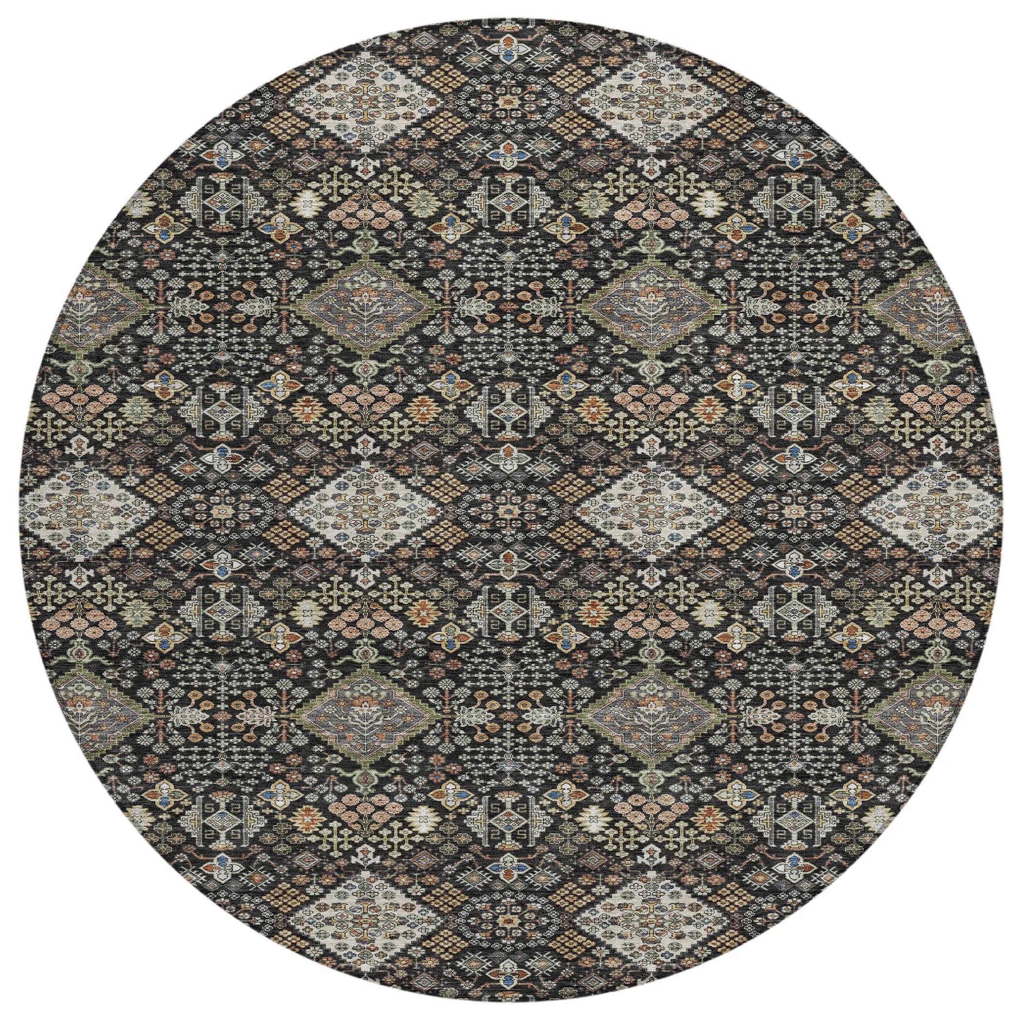 8' Black And Charcoal Round Geometric Washable Indoor Outdoor Area Rug Homeroots Outdoor