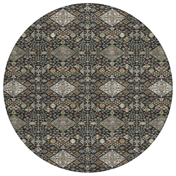 8' Black And Charcoal Round Geometric Washable Indoor Outdoor Area Rug Homeroots Outdoor