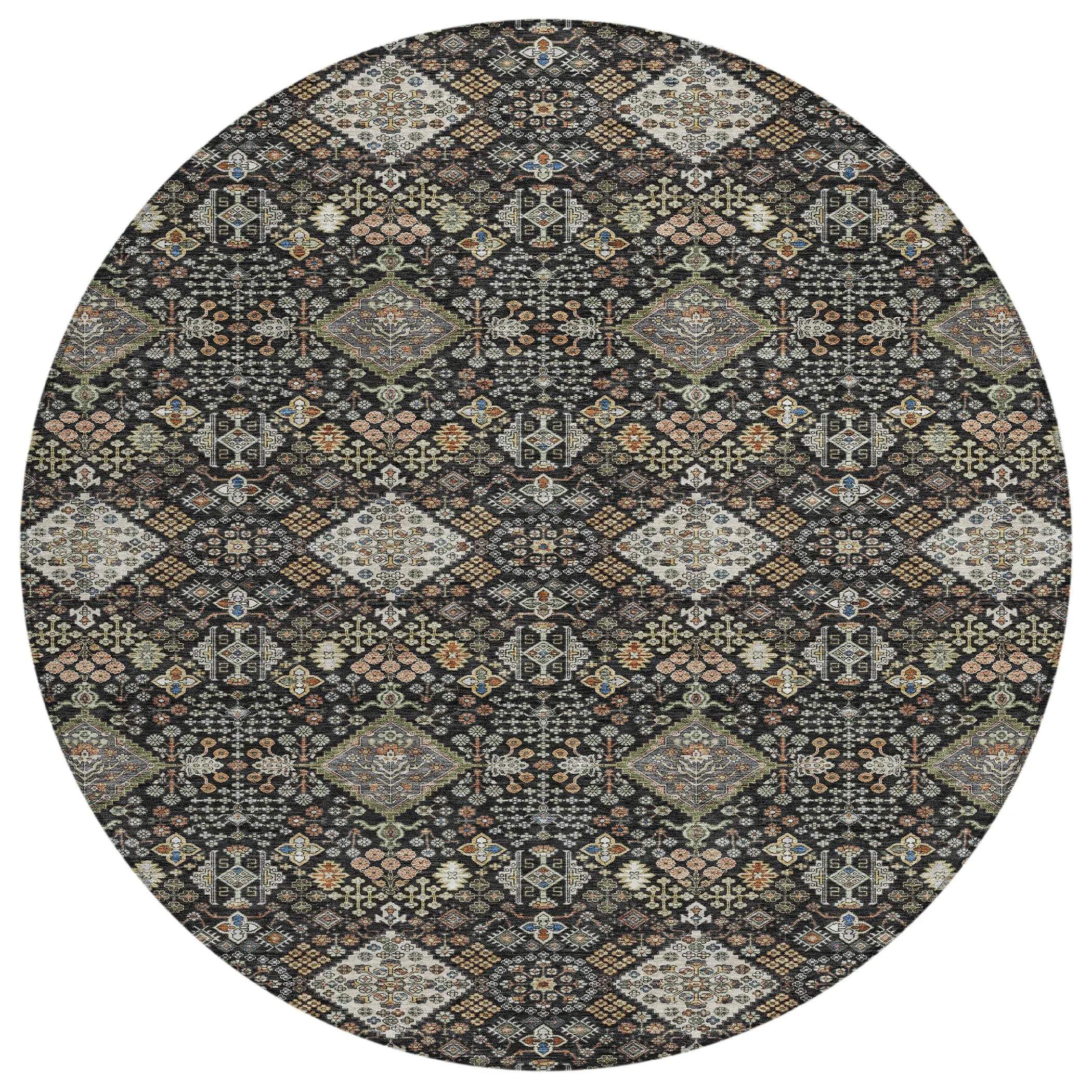 8' Black And Charcoal Round Geometric Washable Indoor Outdoor Area Rug Homeroots Outdoor