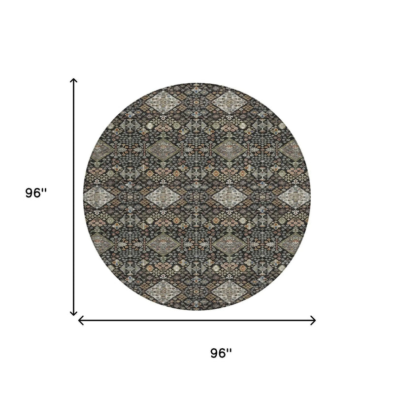 8' Black And Charcoal Round Geometric Washable Indoor Outdoor Area Rug Homeroots Outdoor