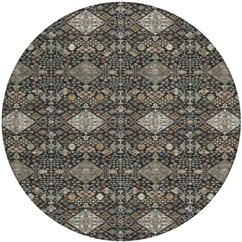 8' Black And Charcoal Round Geometric Washable Indoor Outdoor Area Rug Homeroots Outdoor