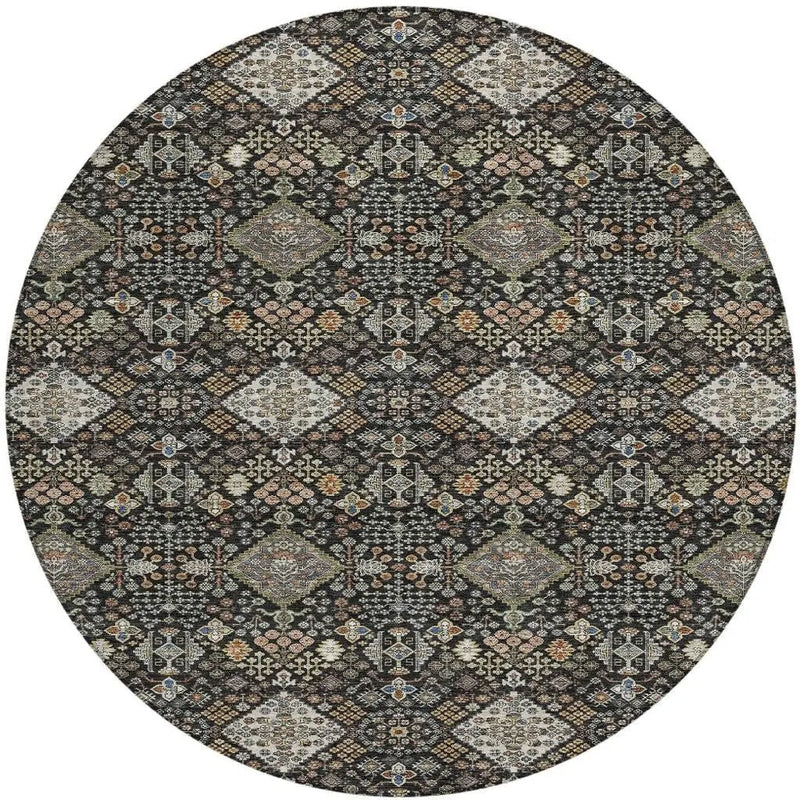 8' Black And Charcoal Round Geometric Washable Indoor Outdoor Area Rug Homeroots Outdoor