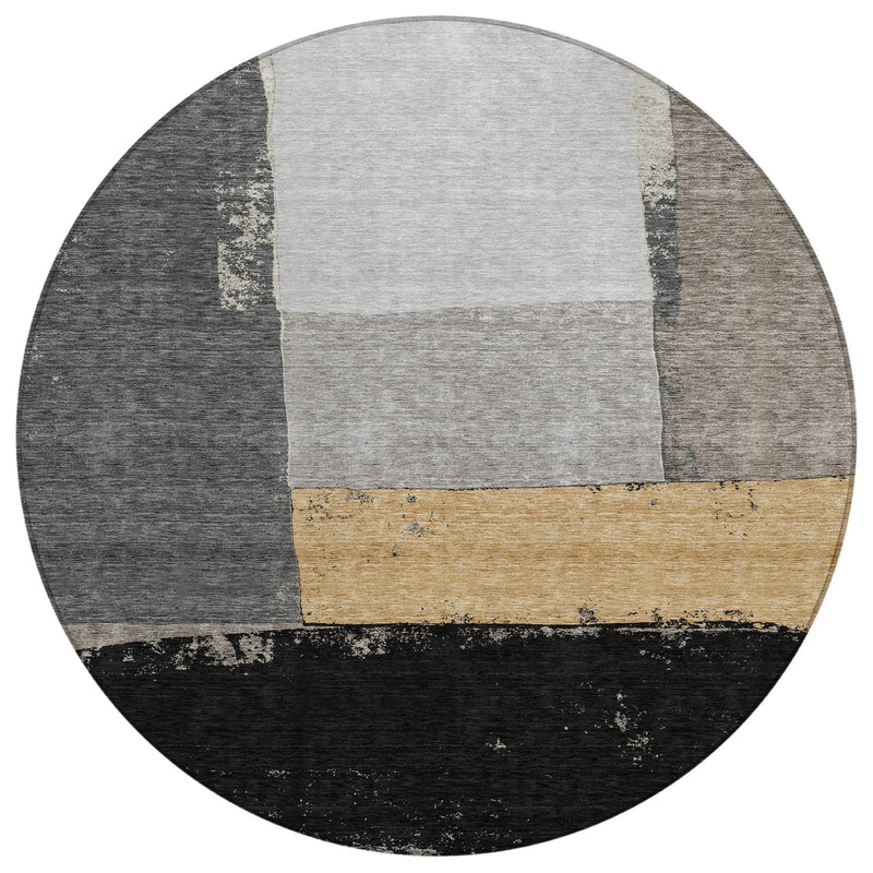 8' Black And Charcoal Round Geometric Washable Indoor Outdoor Area Rug Homeroots Outdoor
