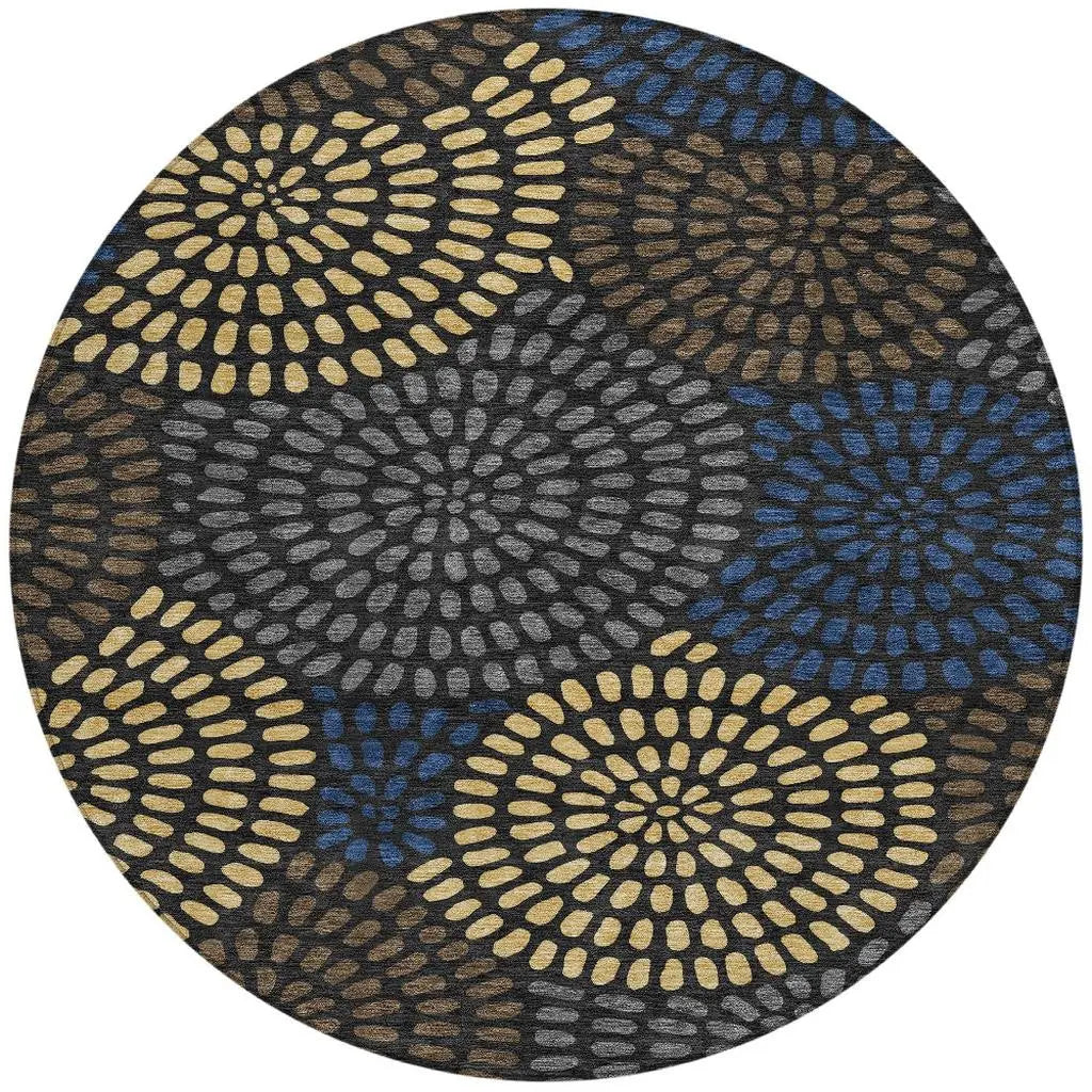 8' Black And Charcoal Round Geometric Washable Indoor Outdoor Area Rug Homeroots Outdoor