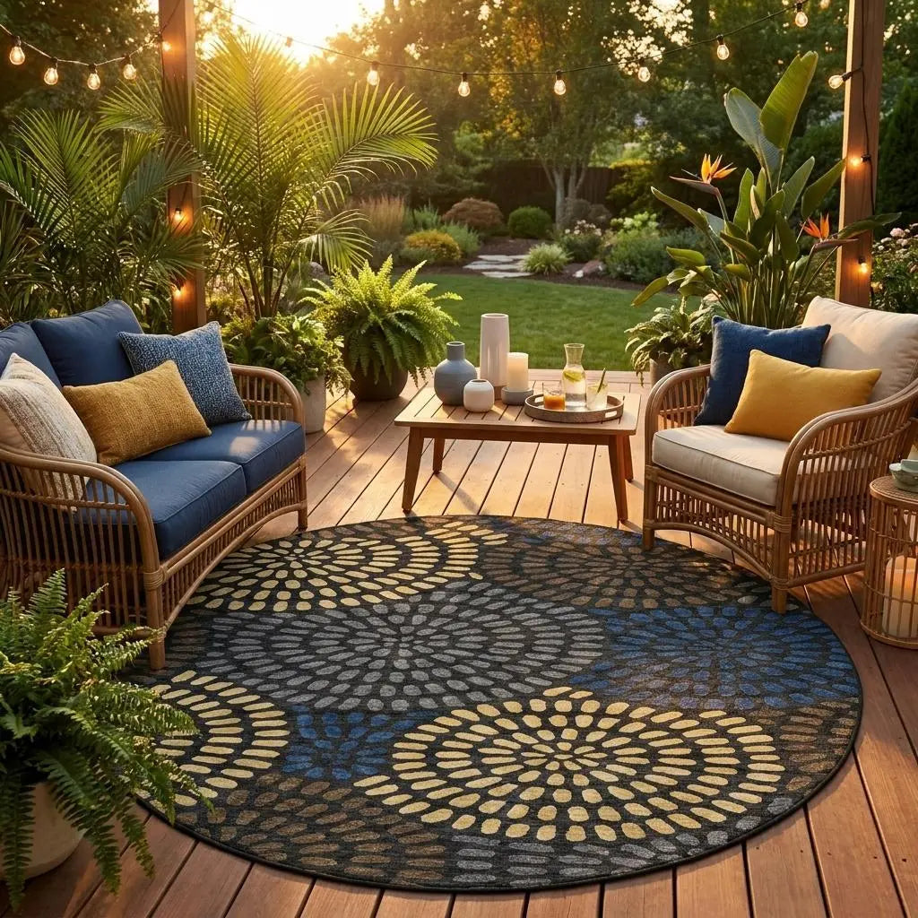 8' Black And Charcoal Round Geometric Washable Indoor Outdoor Area Rug Homeroots Outdoor