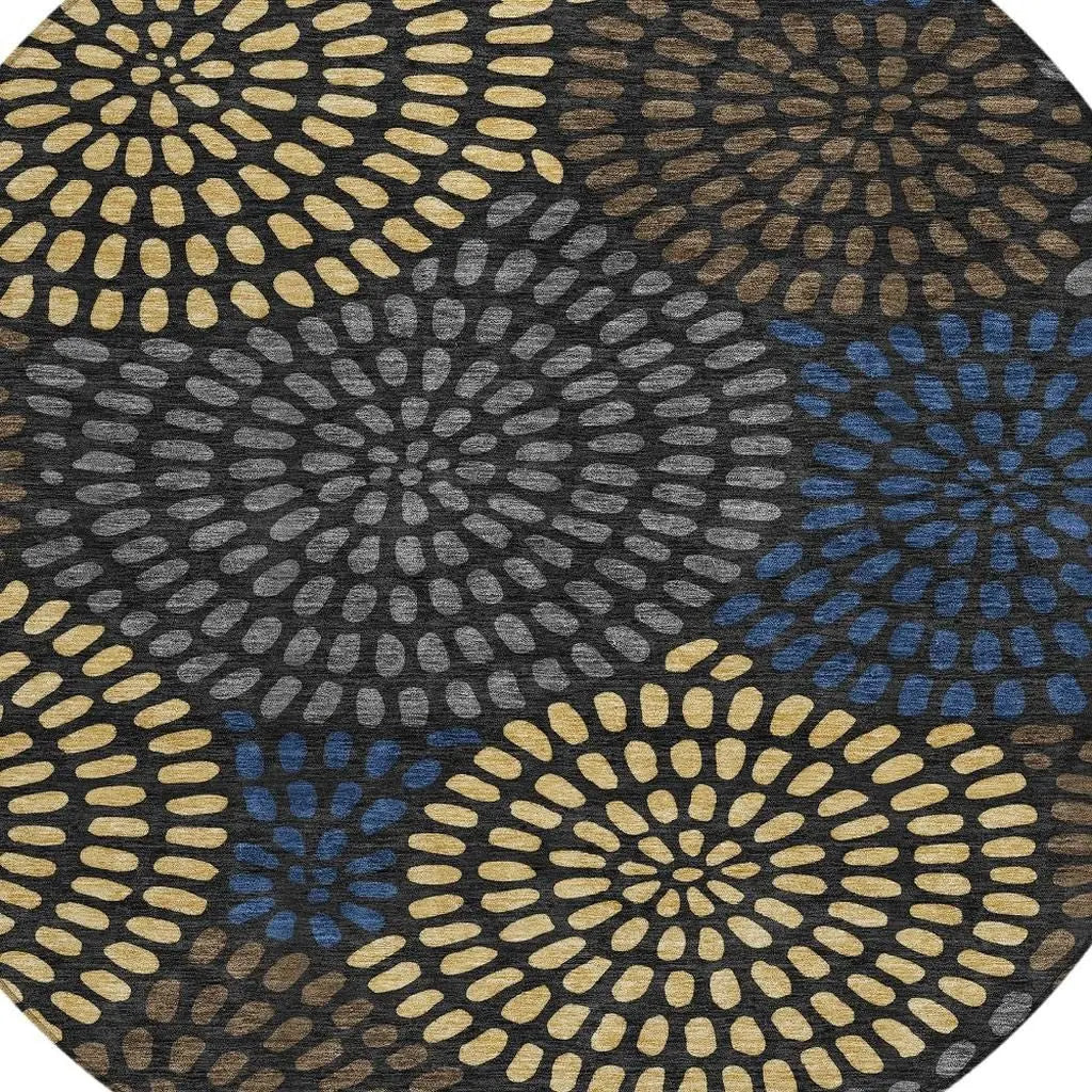 8' Black And Charcoal Round Geometric Washable Indoor Outdoor Area Rug Homeroots Outdoor